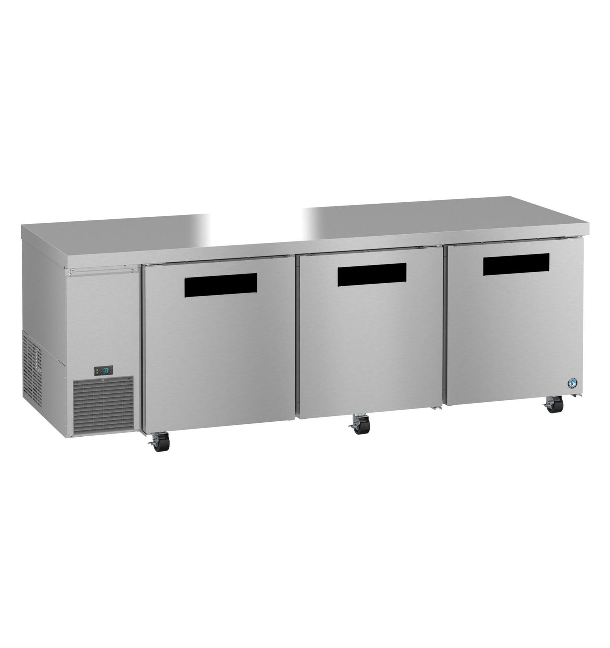 This ENERGY STAR stainless steel commercial undercounter refrigerator features three doors, black handles, left-side ventilation, casters for mobility, and a flat top for food prep or storage. Its modern, industrial design is both practical and stylish.