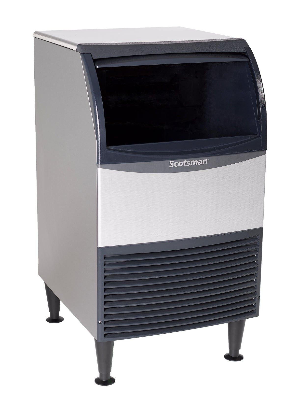 A freestanding Scotsman ADA compliant undercounter ice maker with a silver body and black accents, featuring a front-opening door and vented panel at the bottom. The machine stands on four black legs and has a modern, boxy design.