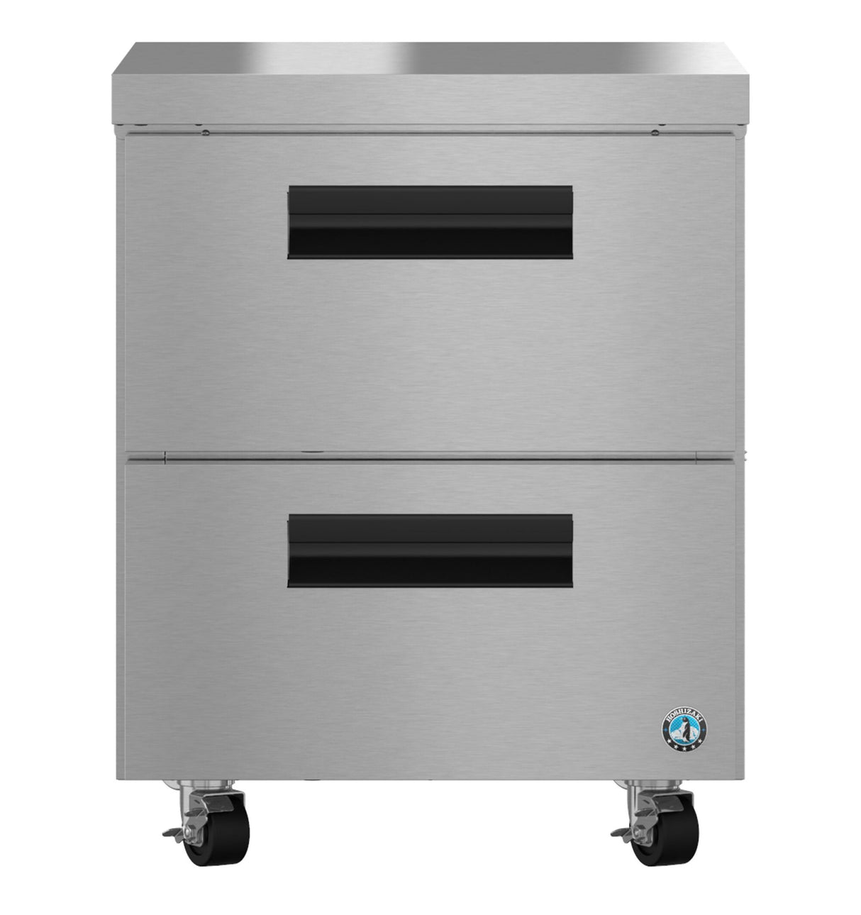A stainless steel commercial refrigerator or freezer with two drawers, black recessed handles, and four caster wheels for mobility. The smooth, reflective surface and blue certification sticker make this undercounter refrigerator ideal for busy kitchens.