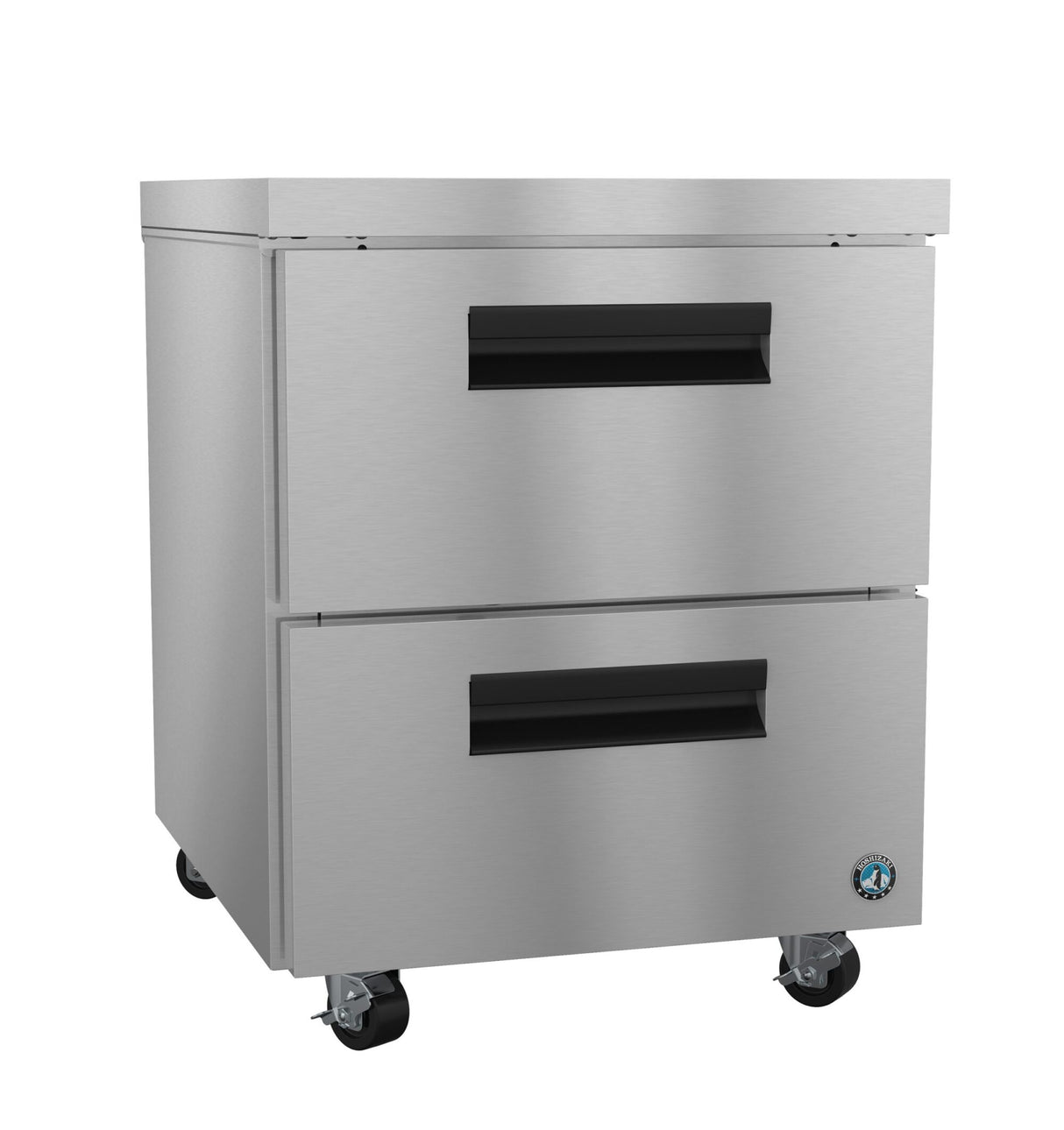 A stainless steel, two-drawer undercounter refrigerator on four black caster wheels. The unit has sleek, horizontal black handles and a silver finish, with a small blue circular logo in the bottom right corner of the lower drawer.