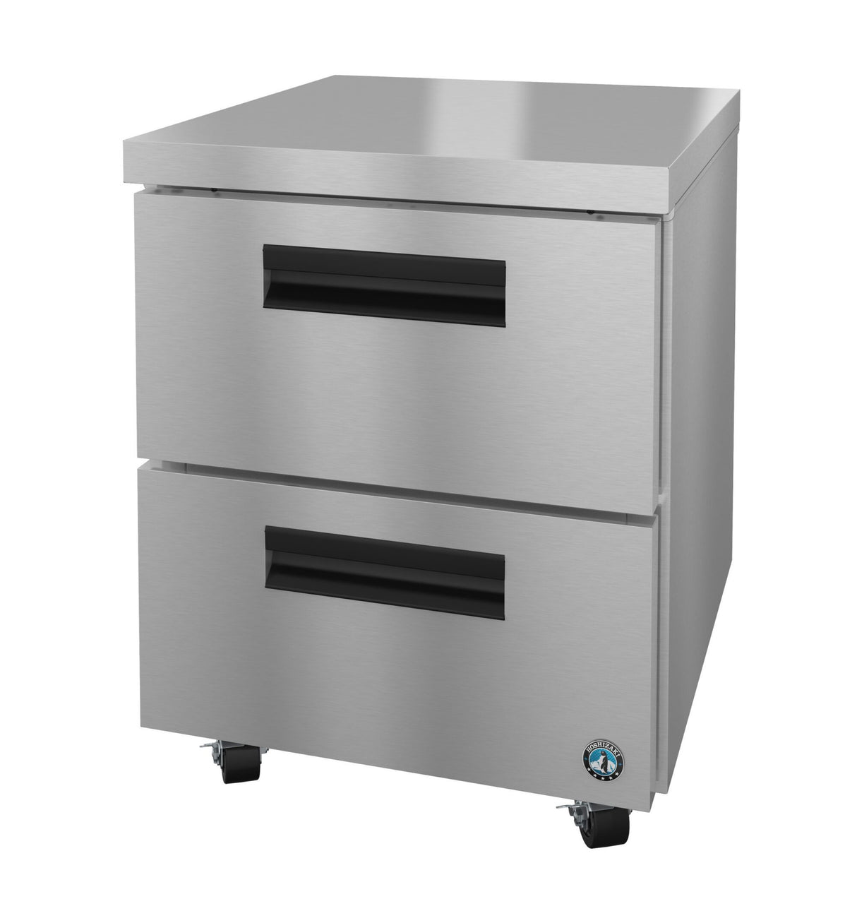 A stainless steel undercounter refrigerator with two large pull-out drawers, black recessed handles, caster wheels, and a blue certification sticker. The unit’s modern commercial design is perfect for professional kitchens.