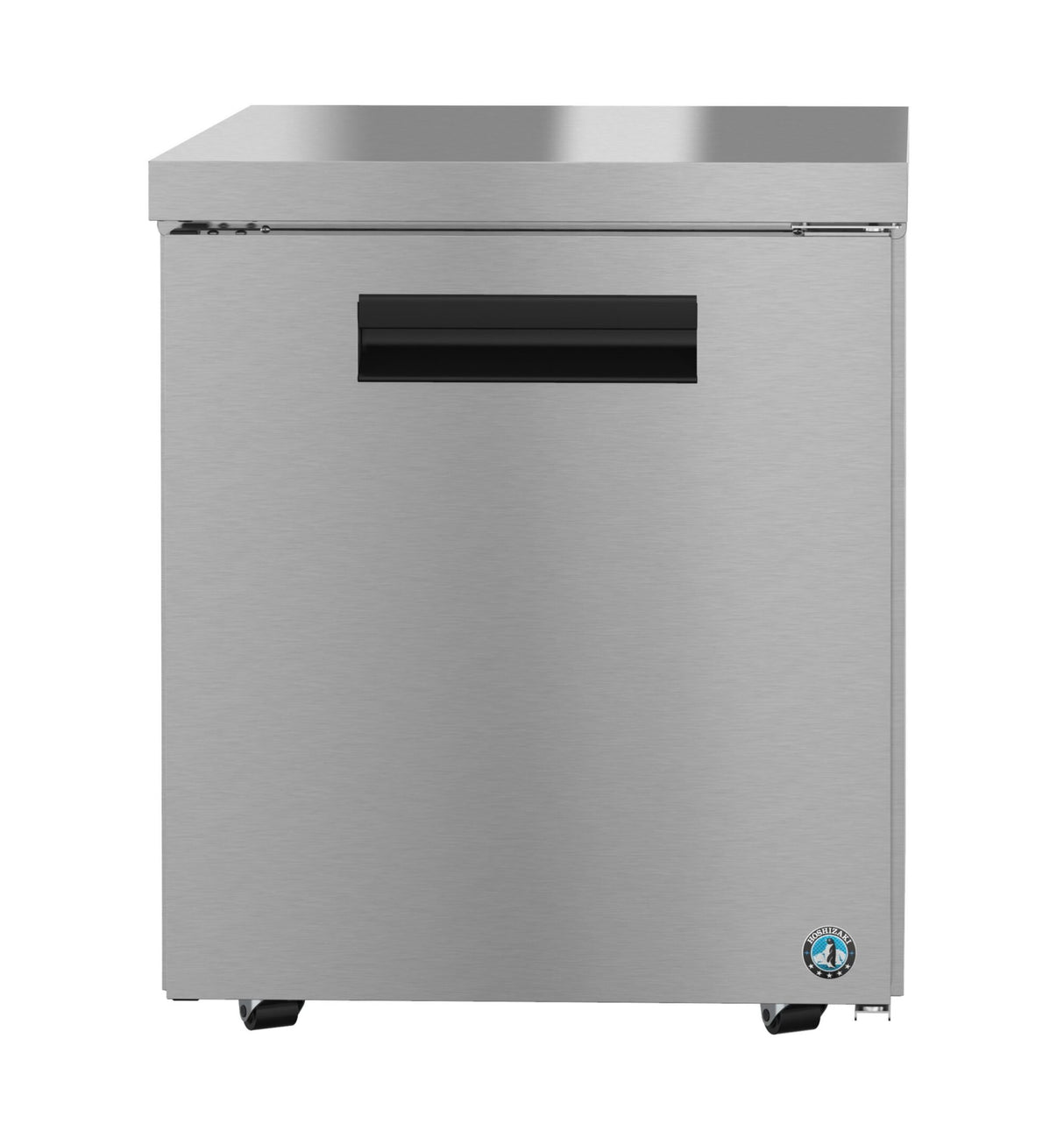 A stainless steel undercounter refrigerator with a solid door, black horizontal handle, and an ENERGY STAR certification sticker on the bottom right. Its smooth, reflective surface sits on small black feet against a plain white background.