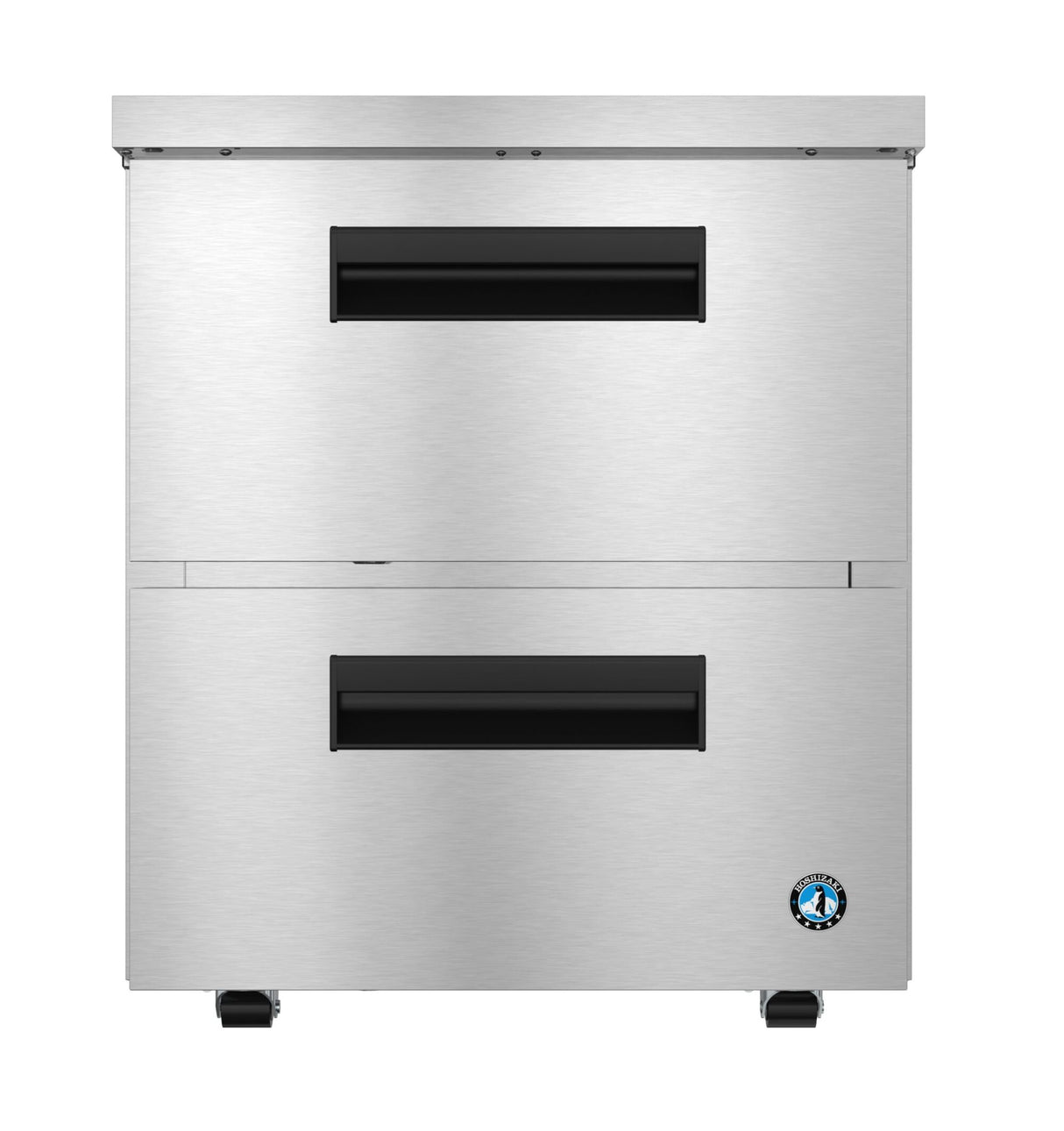 A Hoshizaki undercounter refrigerator with two horizontal black handles—one on the upper door, one on the lower drawer—features a brushed stainless finish, black adjustable feet, and a small circular certification logo in the bottom right corner.
