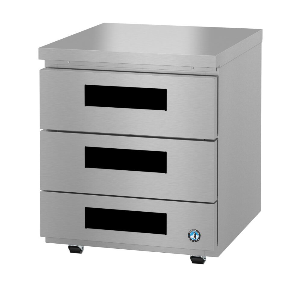 A stainless steel Hoshizaki undercounter refrigerator unit with three large horizontal drawers, black handle insets, and smooth, flat surfaces. The low profile refrigerator is on small wheels and features a certification logo in the lower right corner.
