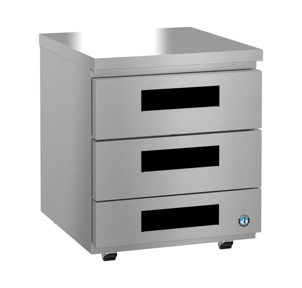A stainless steel Hoshizaki undercounter refrigerator with three horizontal black-handled drawers. The unit stands on small wheels and has a rectangular, reflective top surface. A circular blue and white certification label appears on the lower right corner.