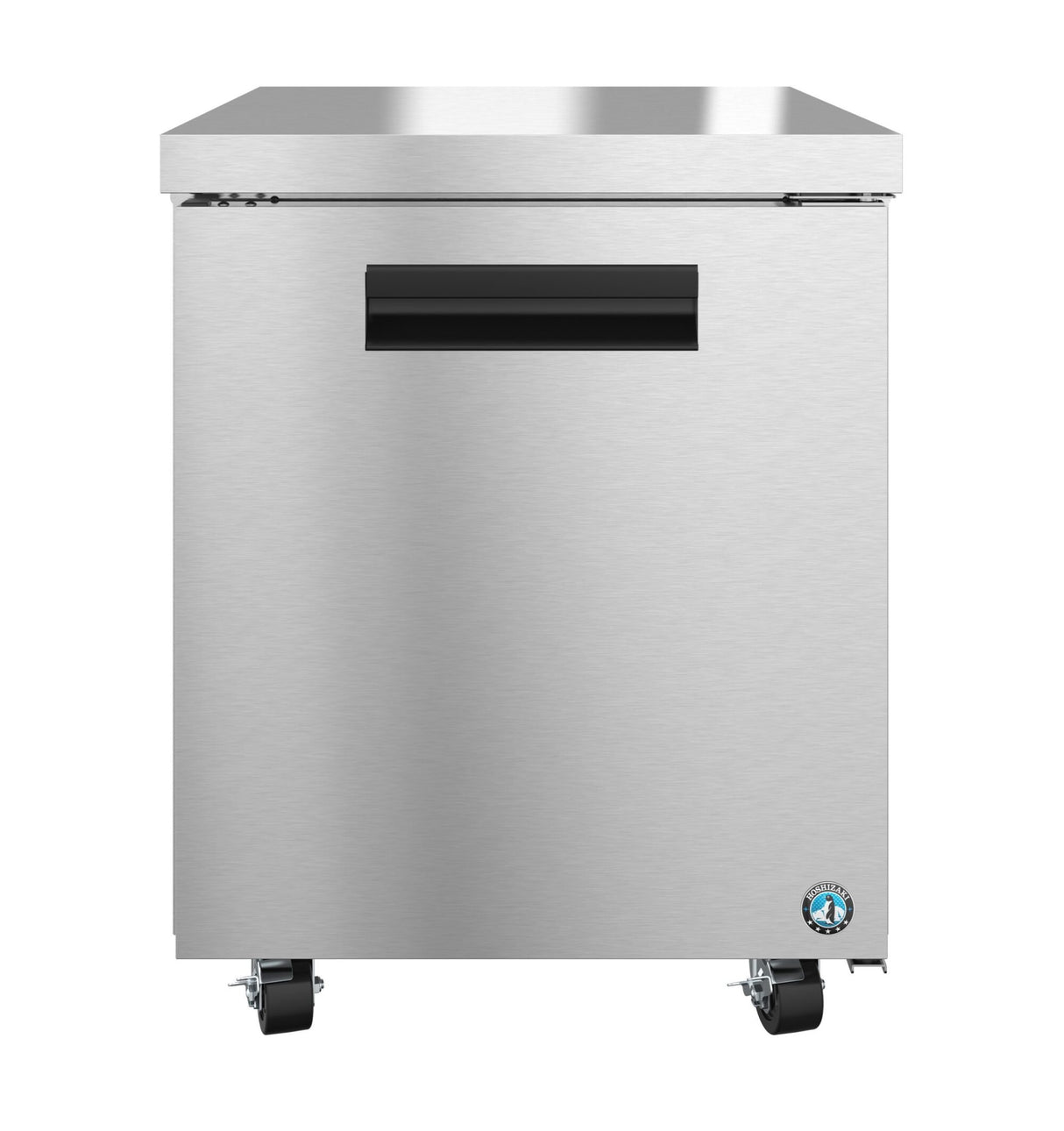 Stainless steel Hoshizaki commercial refrigerator on wheels, featuring a solid single door with a horizontal black handle and a small round blue-and-white label in the lower right corner. The front surface is smooth and reflective.
