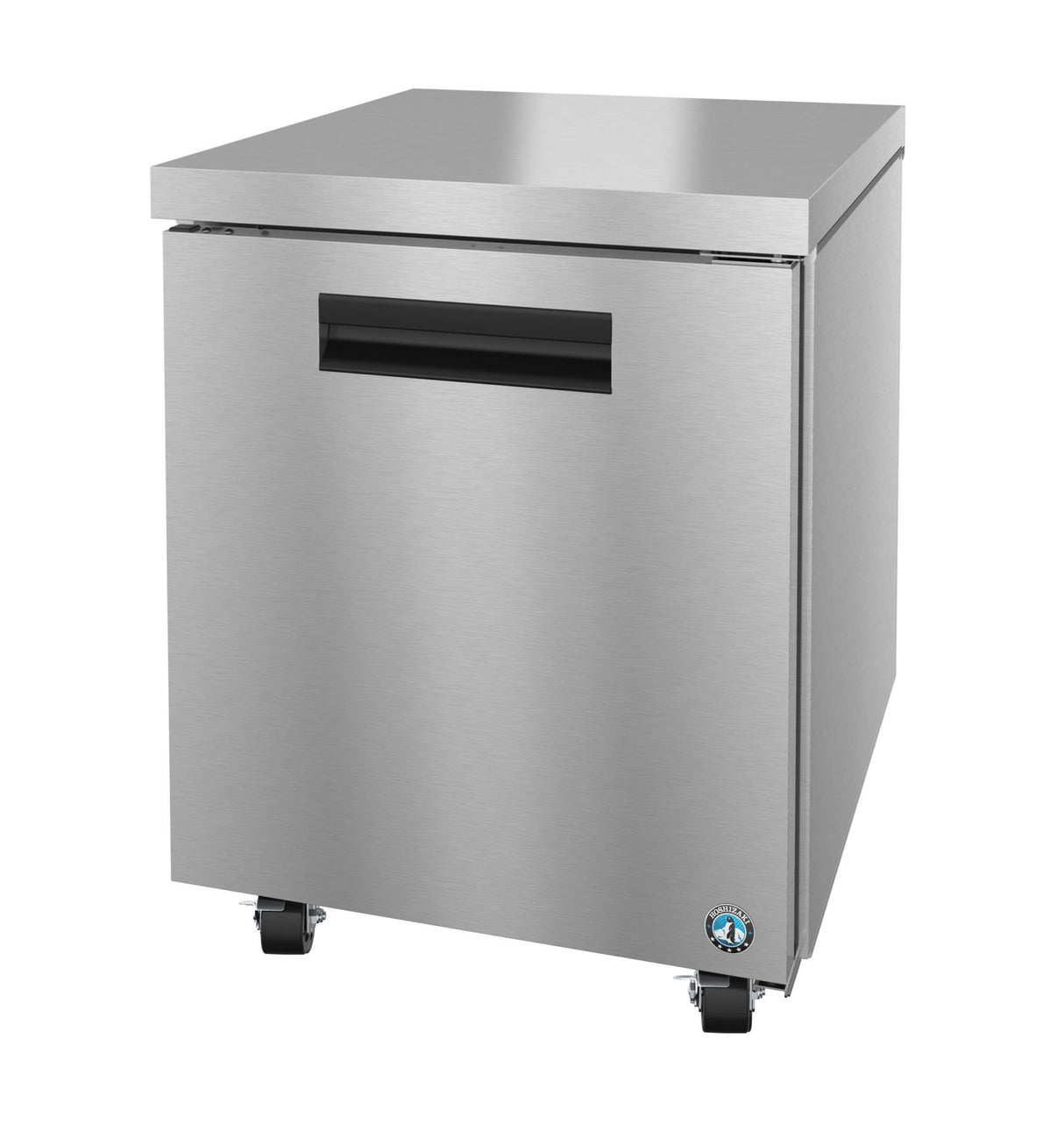 A sleek Hoshizaki stainless steel commercial refrigerator with a single solid door, black recessed handle, and caster wheels. The smooth, modern surface features a small blue and white logo at the bottom right corner of the door.