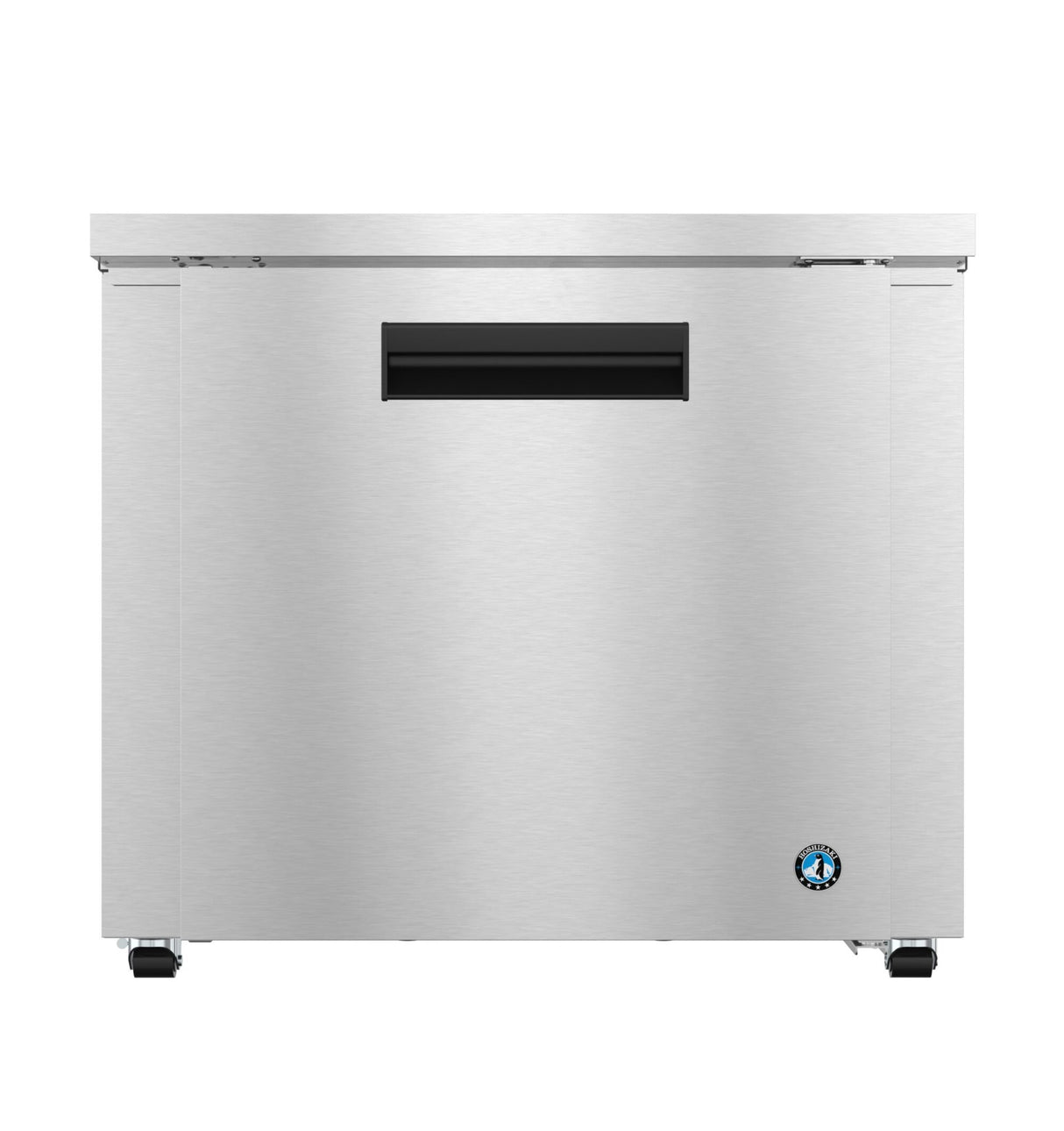 A low profile refrigerator, the Hoshizaki UR36B features a sleek silver finish and a black handle, perfect as an undercounter refrigerator for modern kitchens.