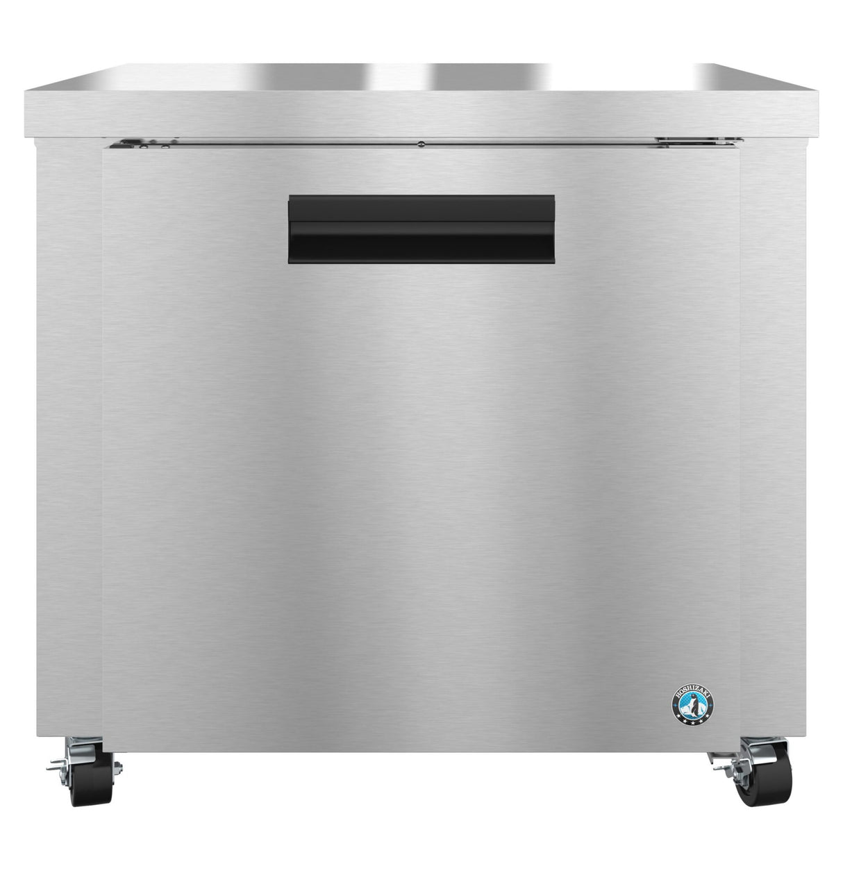 A Hoshizaki UR36B stainless steel undercounter refrigerator with a rectangular shape, flat top, black horizontal handle, four caster wheels for mobility, and a small circular certification label near the bottom right corner.