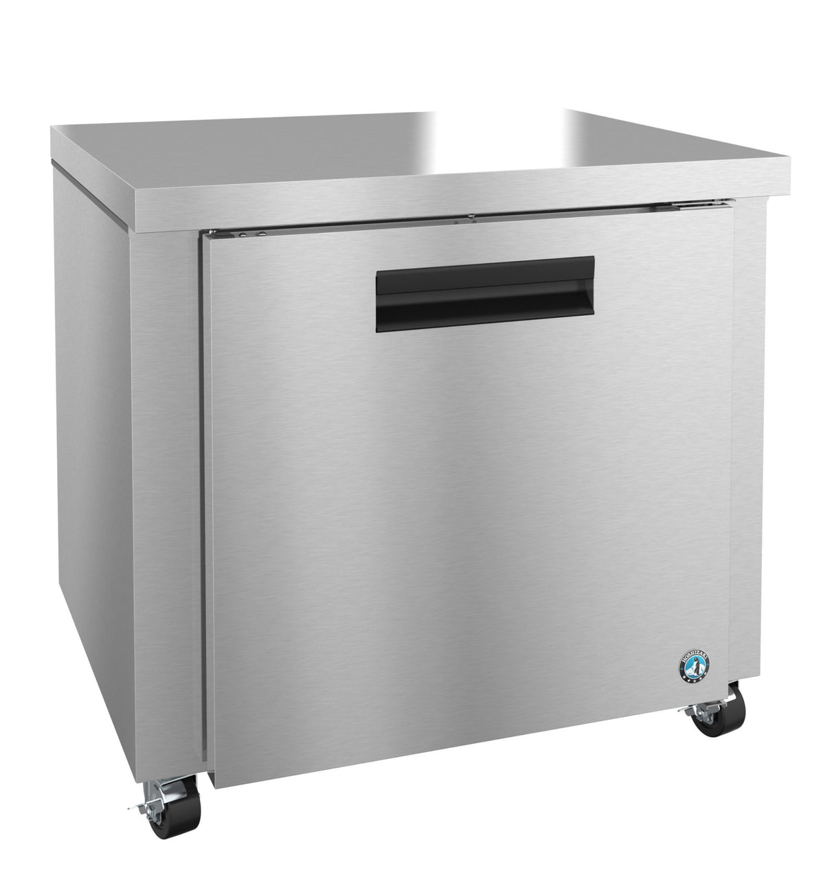 A Hoshizaki UR36B undercounter refrigerator with a stainless steel finish features a single front door, black handle, and four caster wheels. Its compact, boxy design includes a flat top and a small blue and white logo on the lower right corner.