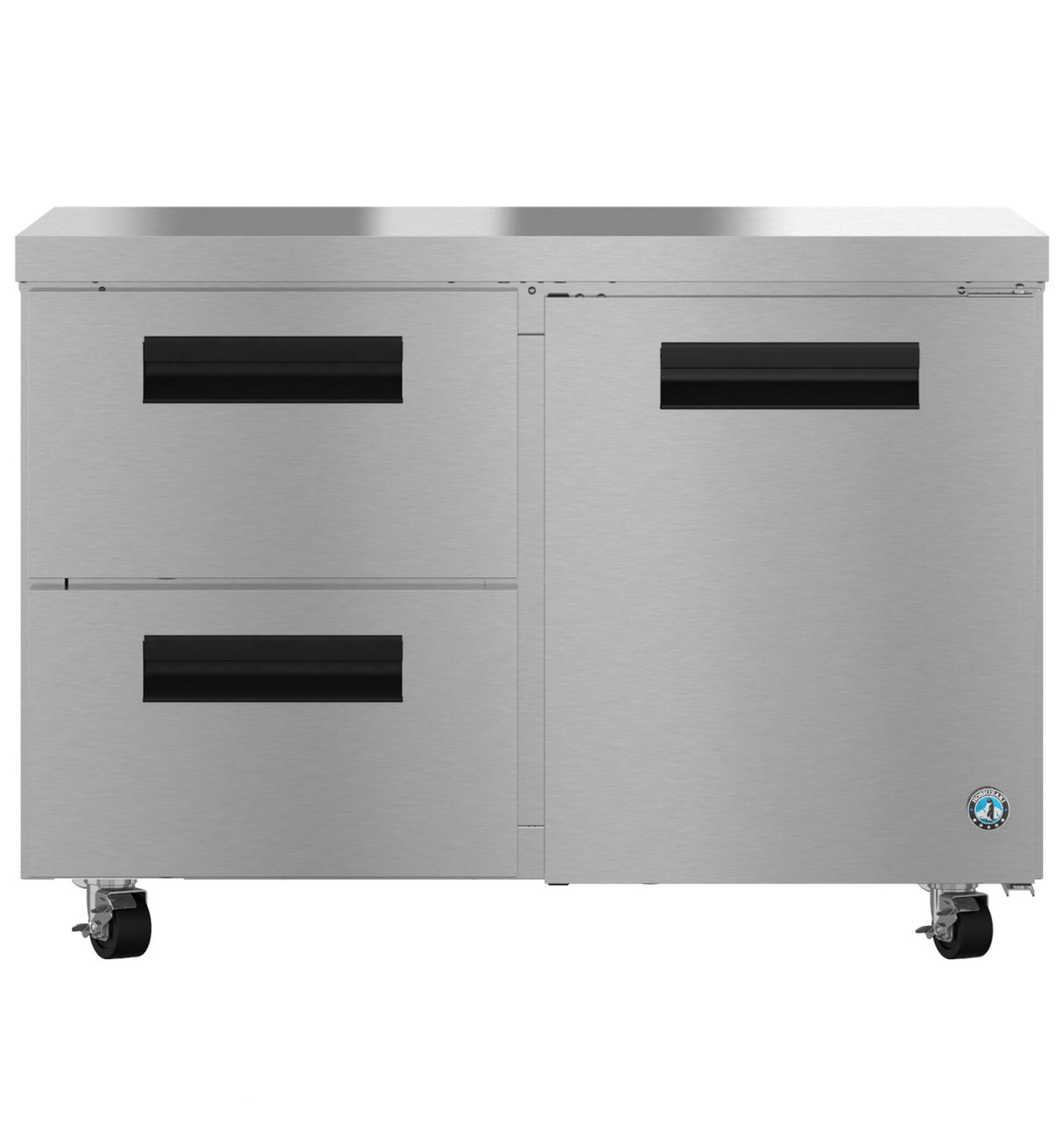 A Hoshizaki commercial undercounter refrigerator with two stainless steel pull-out drawers on the left and a single swing door on the right, all featuring sleek black handles. The unit sits on four caster wheels, with a certification badge on the bottom right corner.