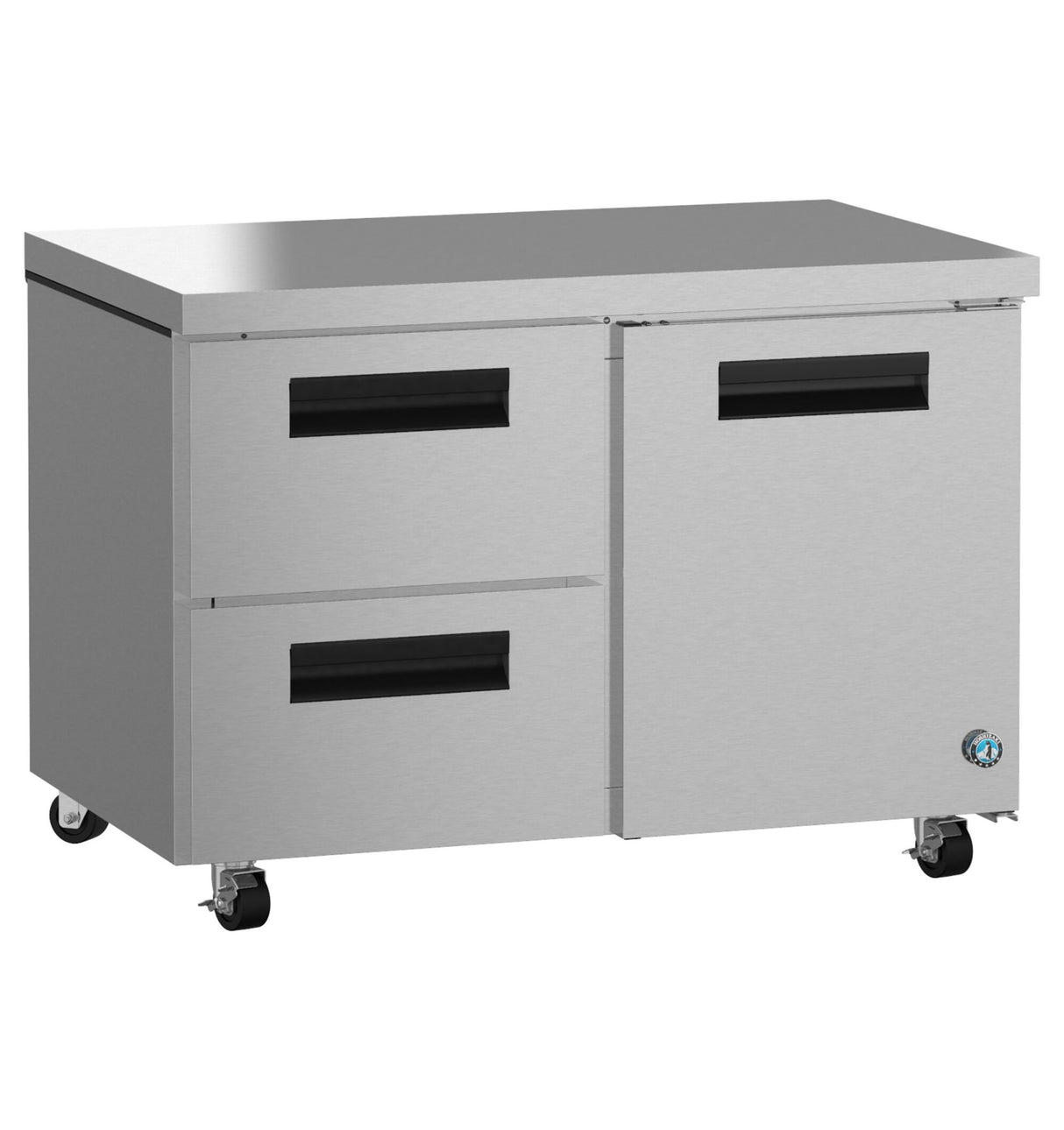A stainless steel commercial kitchen cabinet on four wheels, featuring two pull-out drawers on the left and a single-door compartment on the right. The surface is flat, suitable for use as a countertop—ideal for pairing with an undercounter refrigerator.