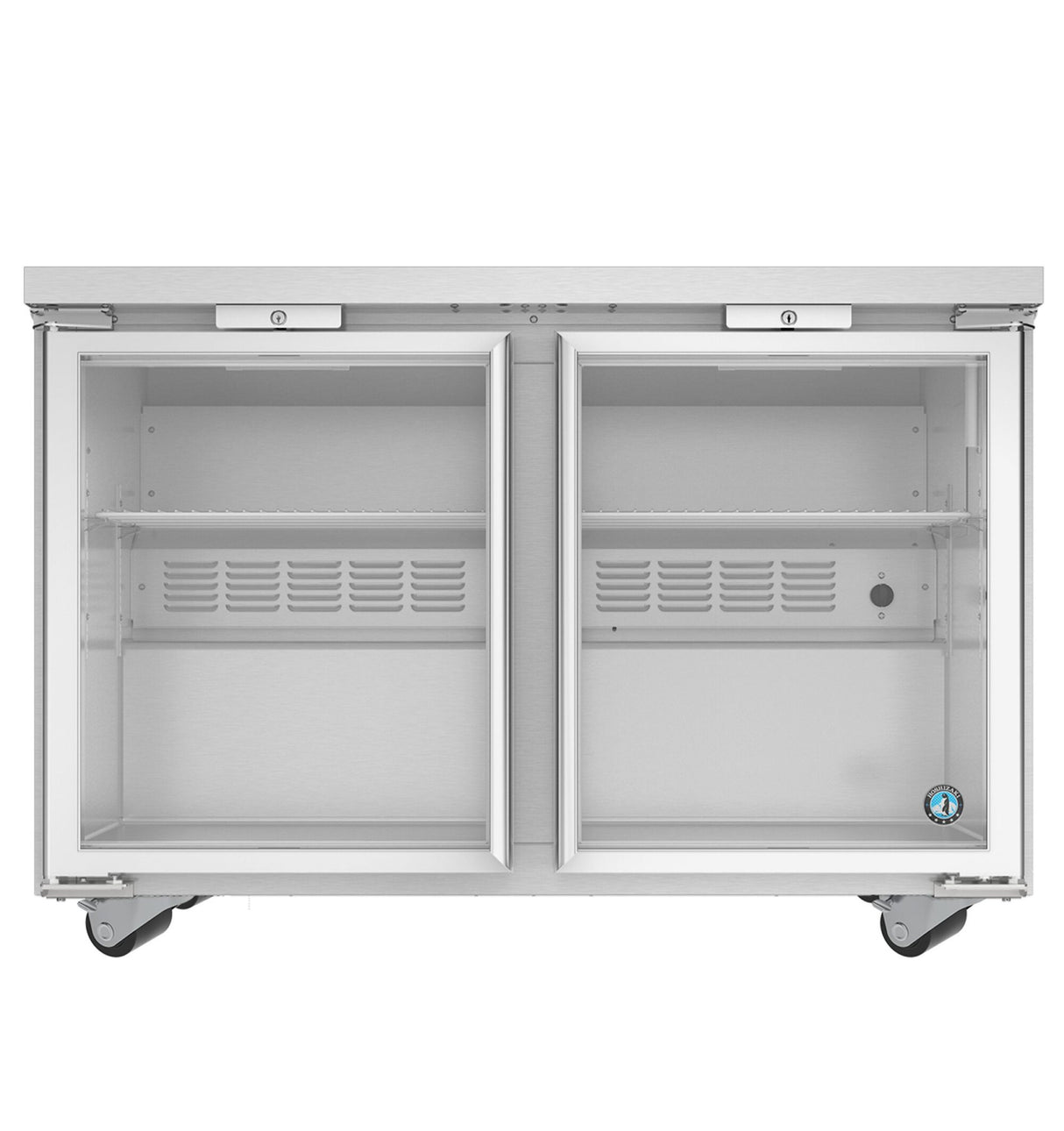 A stainless steel glass door refrigerator with two handles and locks. This undercounter refrigerator features two shelves, caster wheels, and a blue certification sticker on the lower right corner. The interior is empty and ready for use.