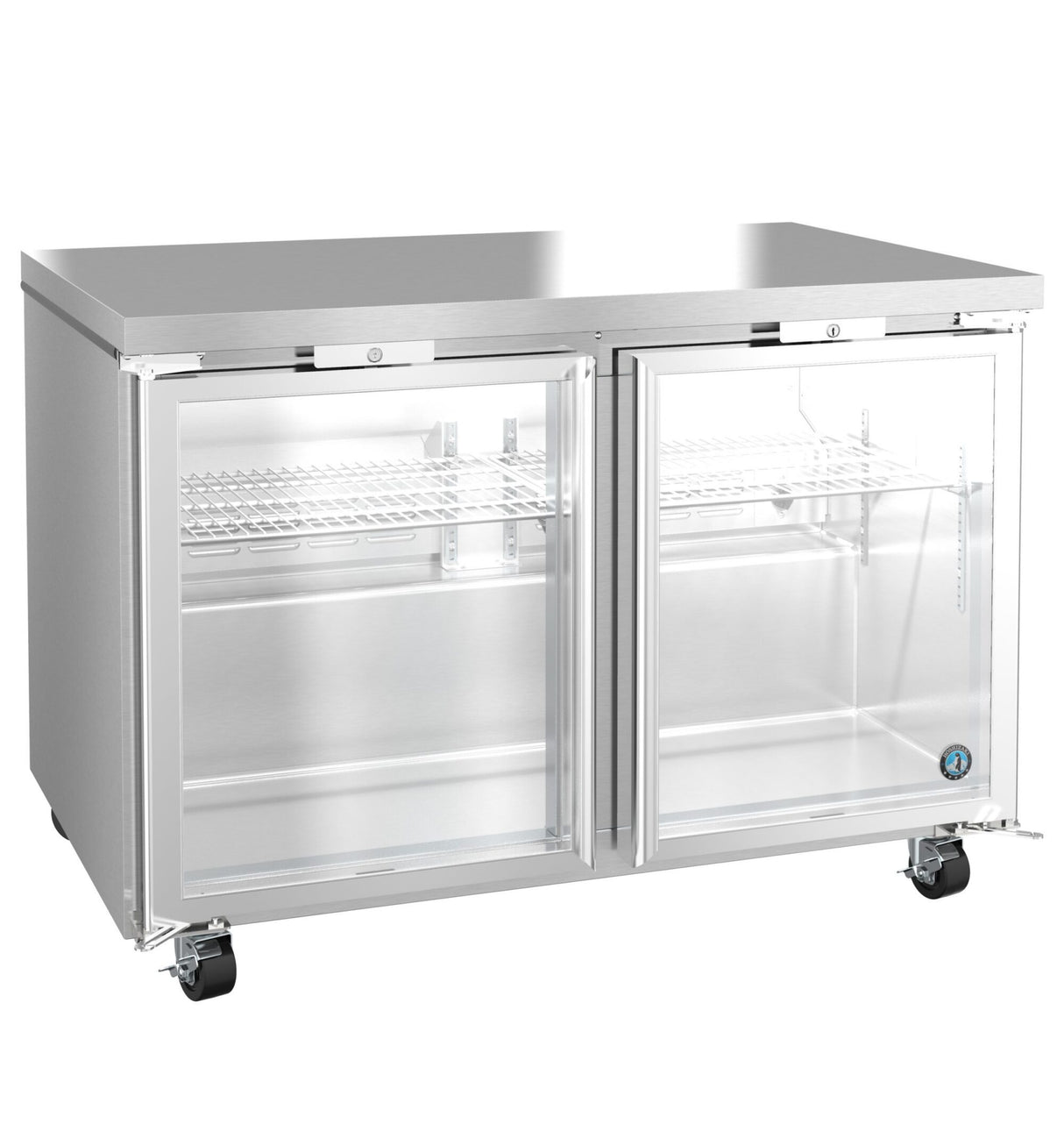 A commercial glass door refrigerator with two clear doors, metal shelving, and secure lock mechanisms. This stainless steel refrigerator features four wheels for mobility and a brushed finish, with the interior empty and clean.