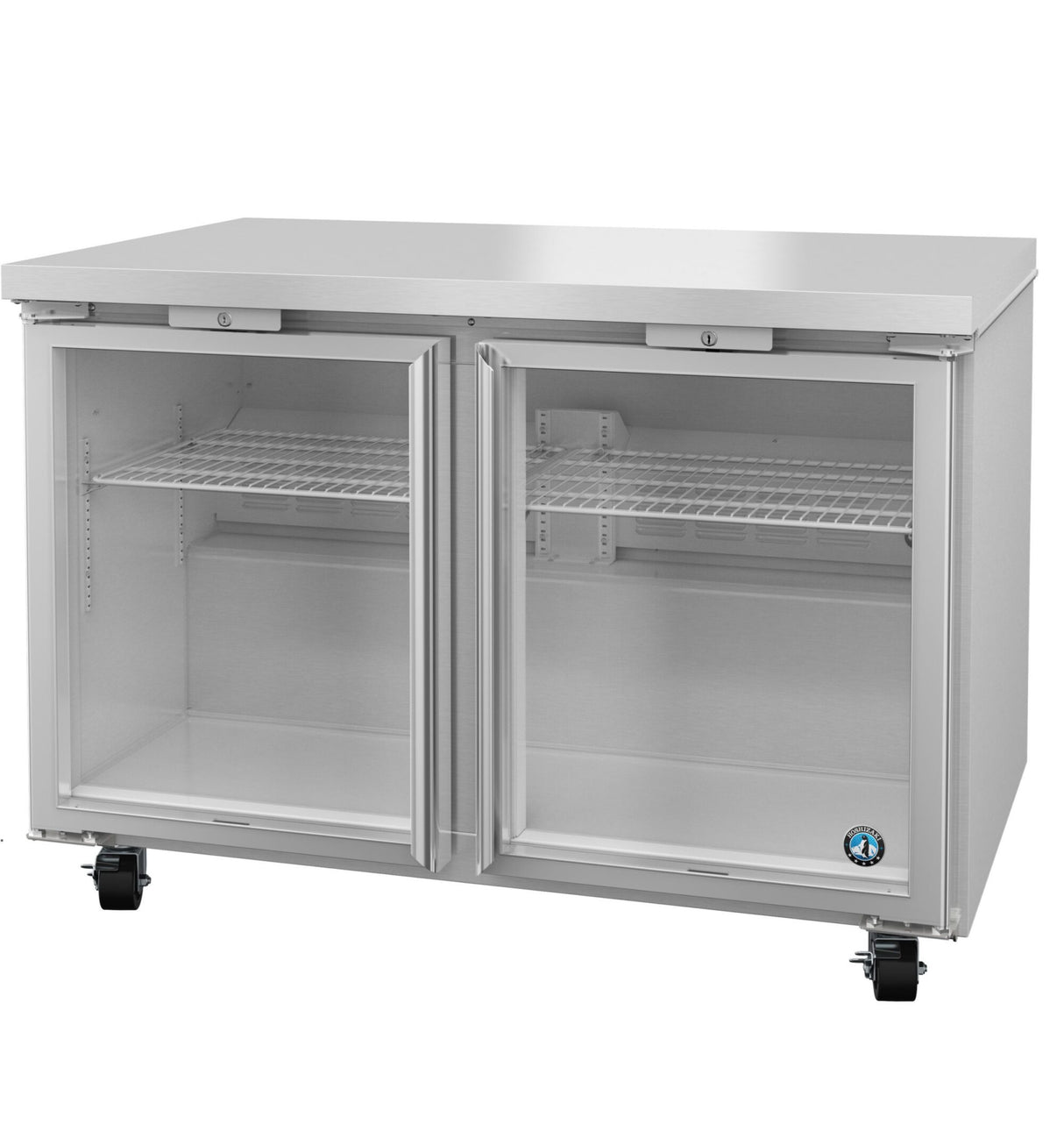 A commercial glass door refrigerator with two stainless steel doors, interior wire shelves, and four black caster wheels. The undercounter refrigerator is empty, featuring a blue certification sticker on the lower right corner of the front panel.