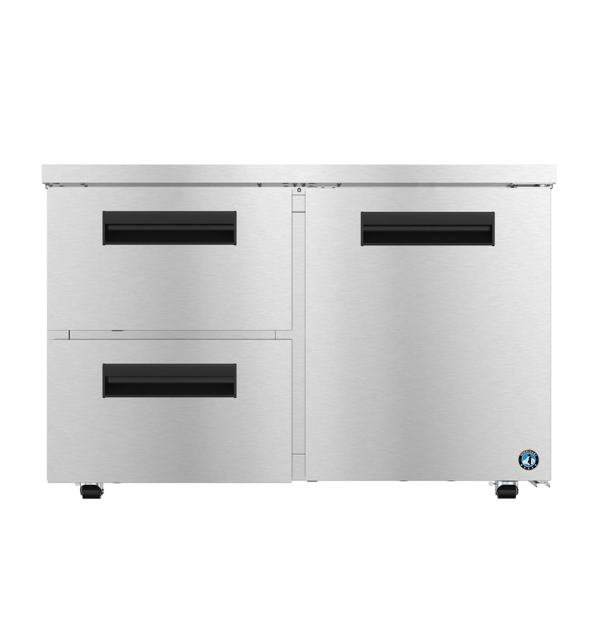 A stainless steel refrigerator with two right-side doors and two left-side drawers, all with black recessed handles. This undercounter low profile refrigerator features a brushed finish and a small blue and white logo on the lower right corner.