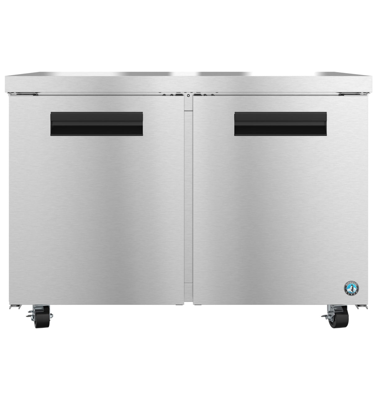 A Hoshizaki Steelheart Series commercial refrigerator with two side-by-side doors, black handles, and casters for mobility. The sleek stainless steel surface features a small blue manufacturer logo on the bottom right corner.