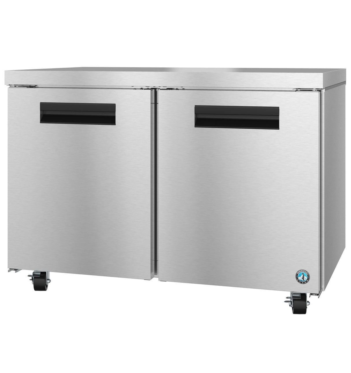 A sleek, reflective Hoshizaki Steelheart Series undercounter refrigerator with two solid doors, black horizontal handles, and small wheels for mobility. Compact and rectangular, it's perfect for kitchen or restaurant use.