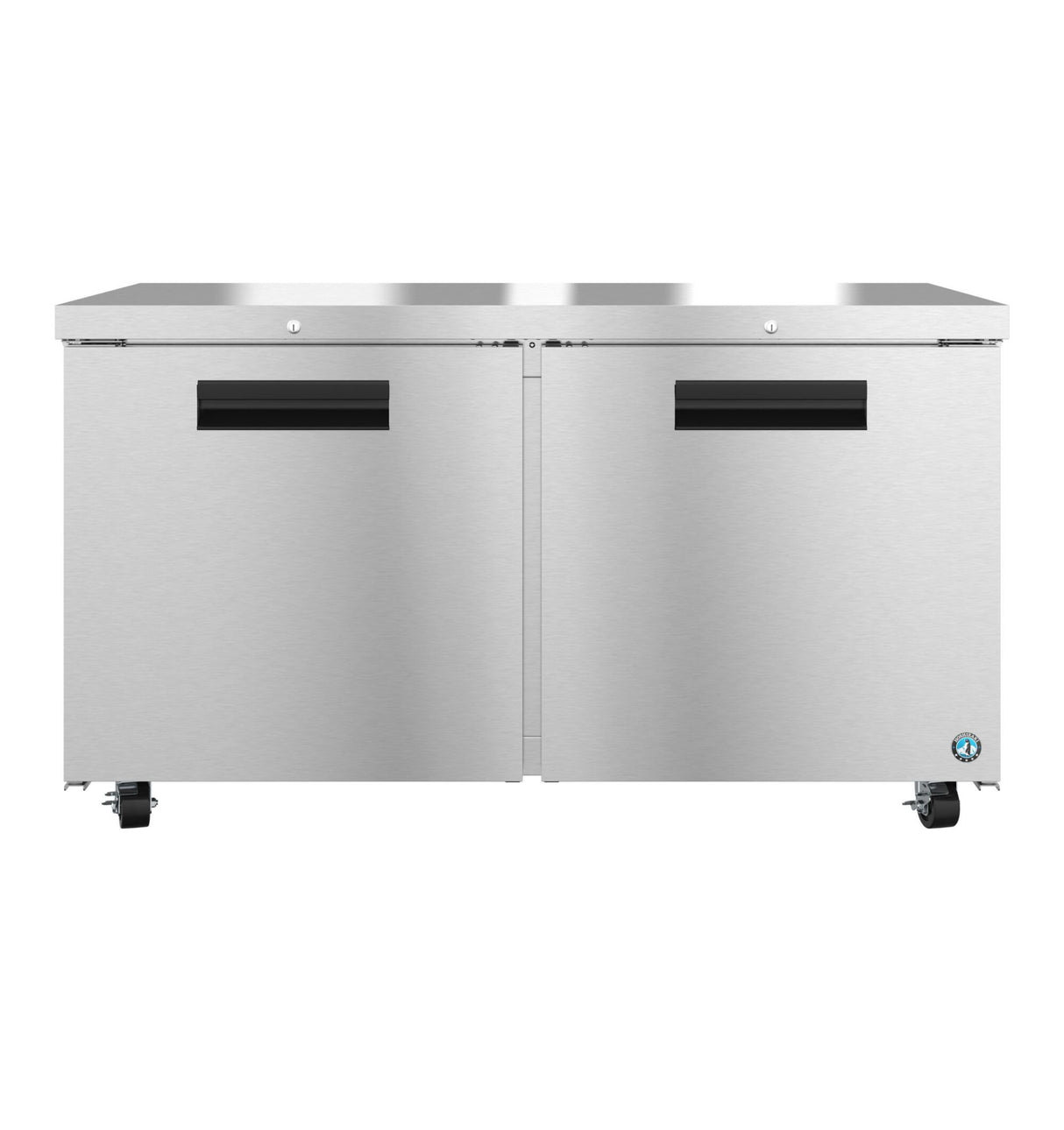 A Hoshizaki stainless steel undercounter refrigerator with two black horizontal handles, double doors, and four caster wheels. The sleek front features a reflective brushed metal finish and a small blue and white logo on the lower right corner.