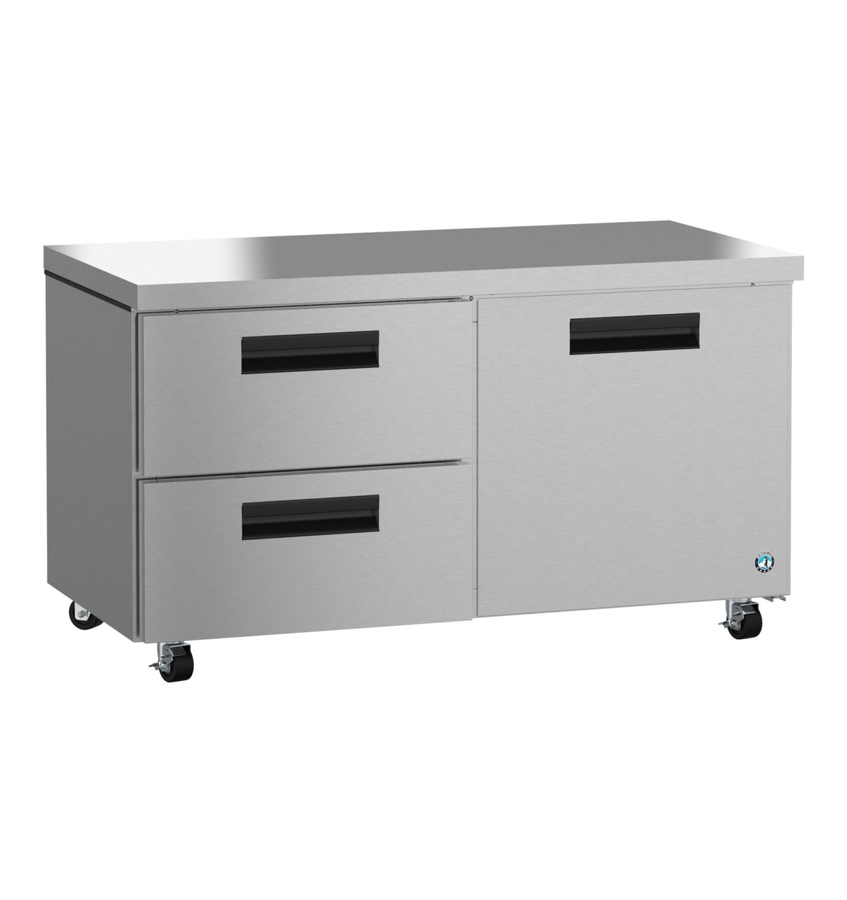 A Hoshizaki stainless steel commercial kitchen worktable on wheels, featuring two pull-out drawers on the left and a single-door cabinet on the right. The smooth, flat top is perfect for food prep or as an undercounter refrigerator workspace.