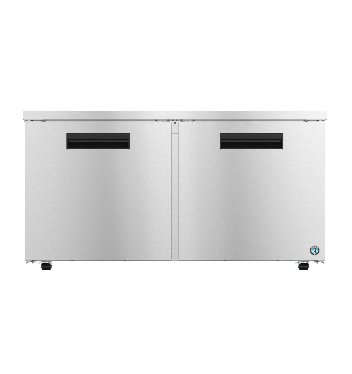A sleek, modern Hoshizaki undercounter low profile refrigerator with two front doors and ADA compliant black recessed handles. Stainless steel finish, a small blue and white logo in the bottom right corner, standing on four short legs against a plain white background.