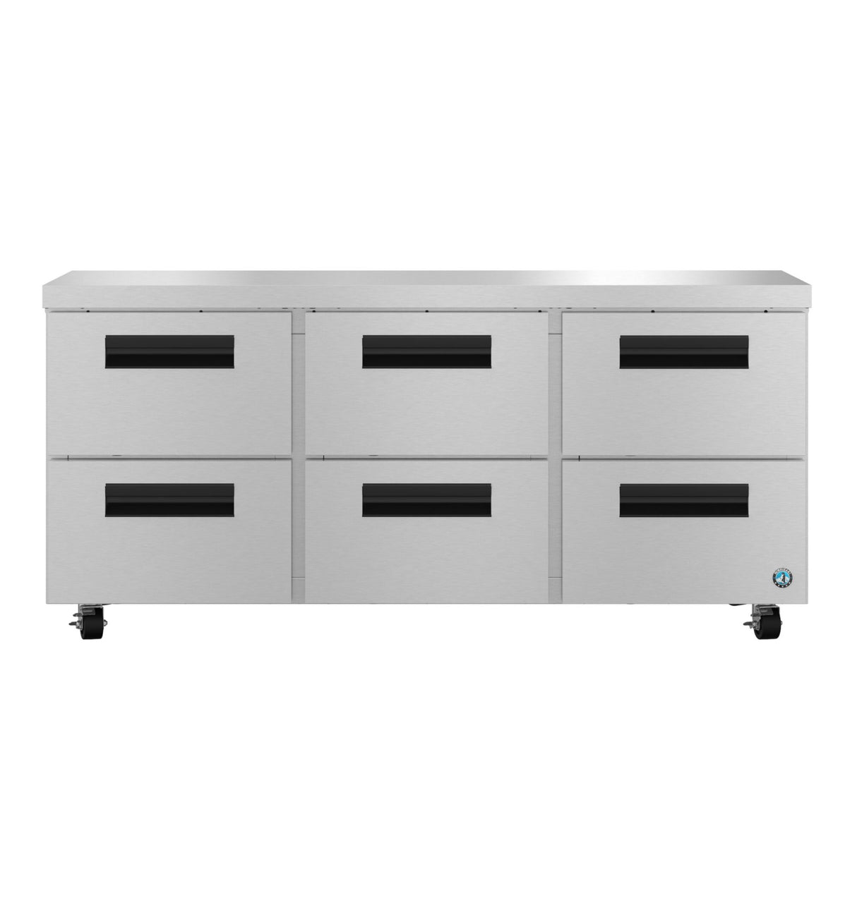 A Hoshizaki commercial stainless steel refrigerated prep table features six pull-out drawers in two rows, a flat top, recessed handles, and four caster wheels. This undercounter refrigerator is designed for mobility, set against a plain white background.