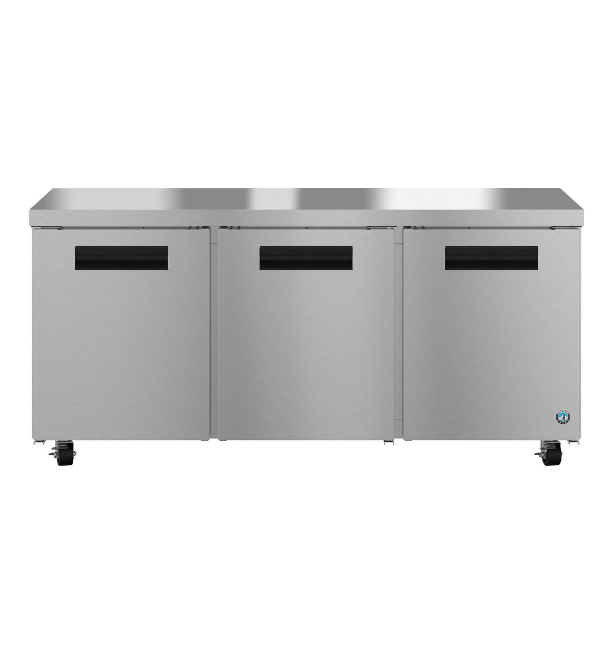 A large, stainless steel Hoshizaki Steelheart Series commercial refrigerator with three front doors, each featuring a horizontal black handle. The unit has a flat top and is mounted on caster wheels for mobility. The brand logo appears on the lower right corner.