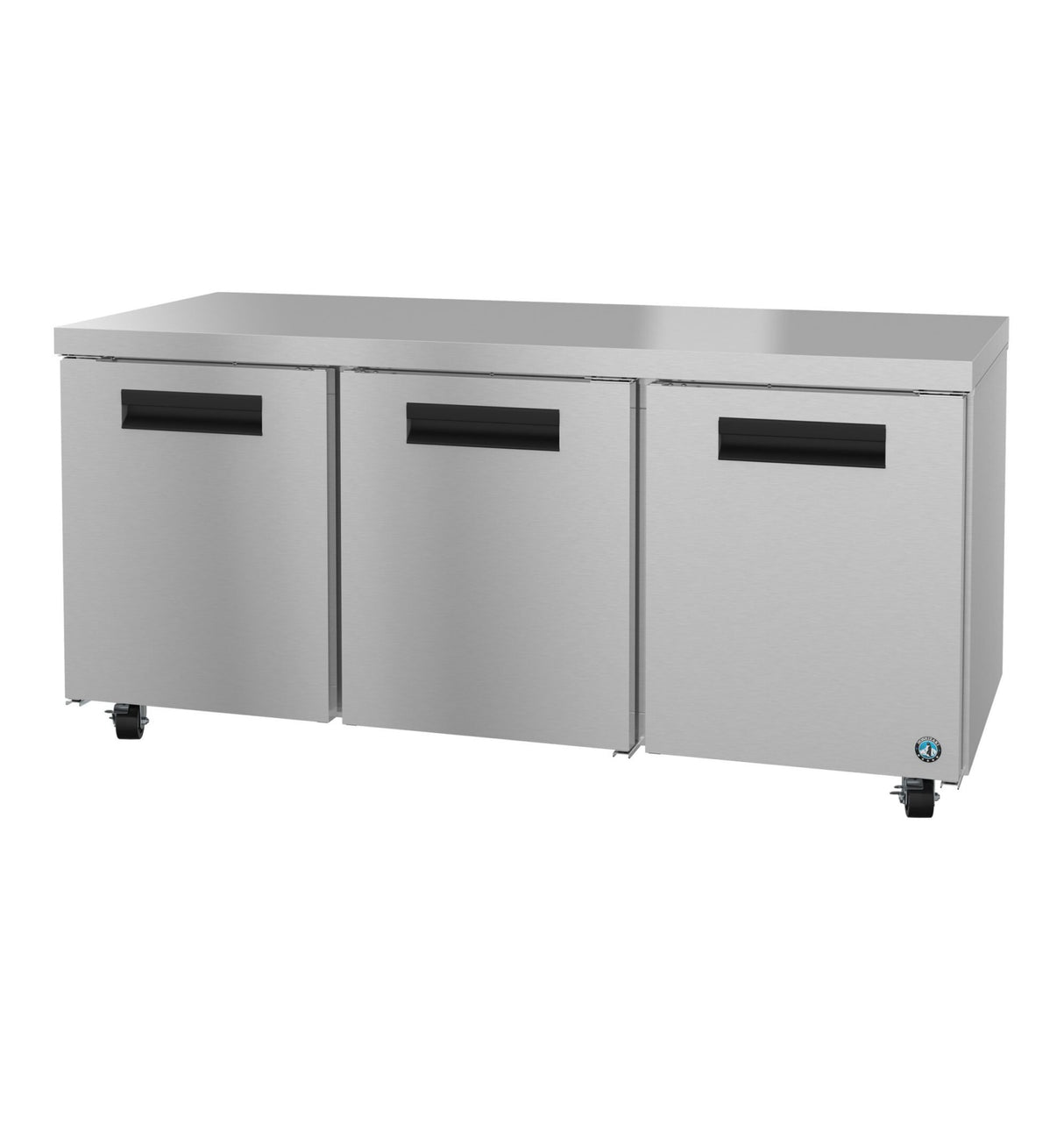 The Hoshizaki Steelheart Series undercounter refrigerator features three doors, sleek black handles, a flat top surface, and four caster wheels for mobility—a modern industrial design ideal for busy restaurant kitchens.