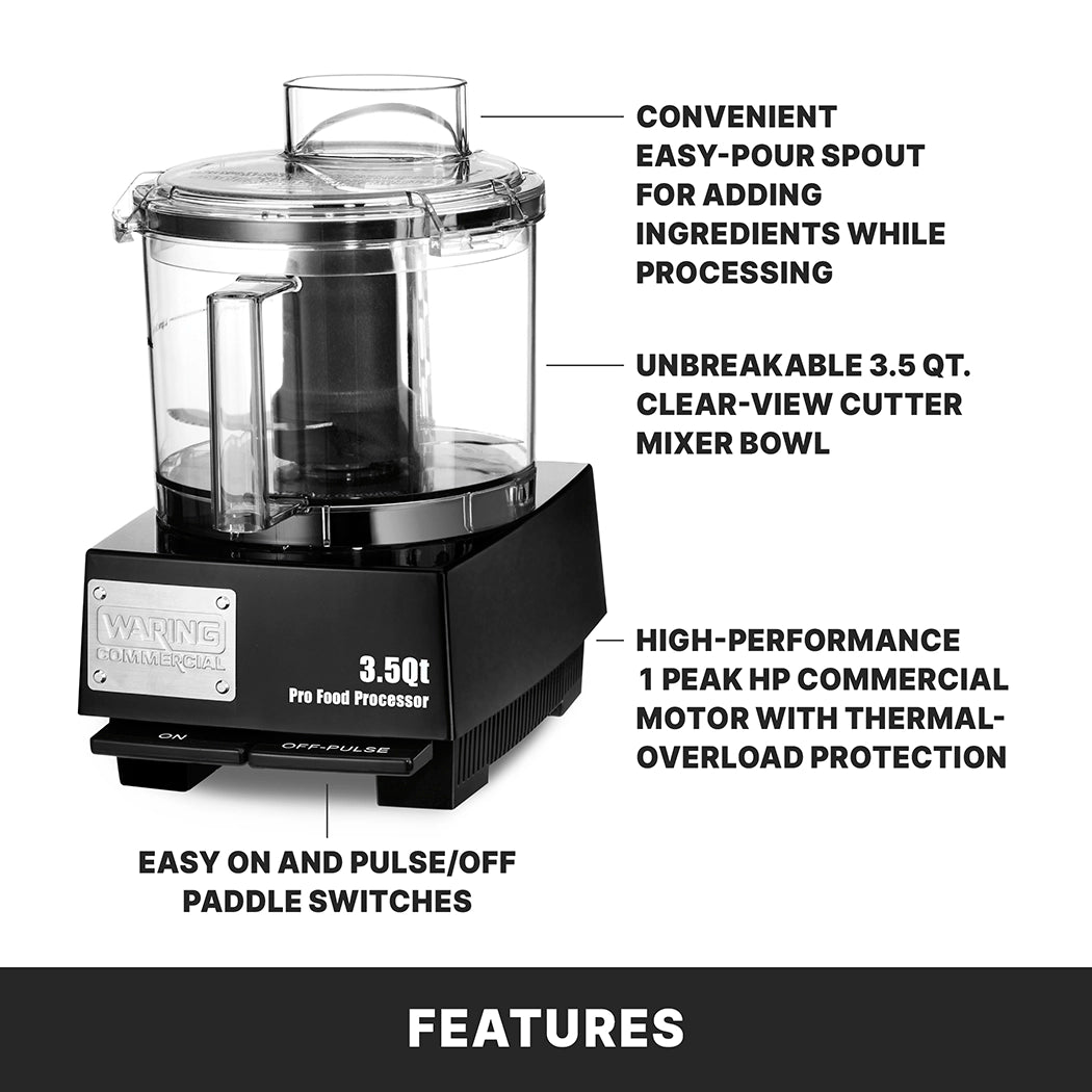 A black and clear 3.5 quart Commercial Food Processor is shown with labeled features: LiquiLock Seal System, easy-pour spout, unbreakable mixer bowl, high-performance 1 peak HP motor with overload protection, and easy paddle switches. Features is written at the bottom.