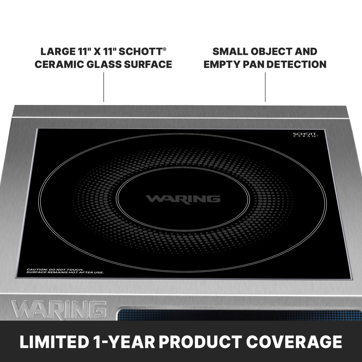 A Waring countertop single hob induction range with a large 11x11 SCHOTT ceramic glass surface. Features Small Object and Empty Pan Detection plus Limited 1-Year Product Coverage. The cooktop offers a circular cooking zone and an elegant silver frame.