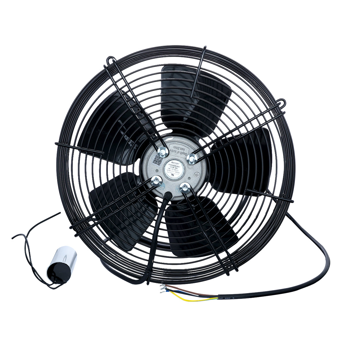 A black industrial axial fan, compatible with Empura Ice Machines, features five blades, a protective circular metal grille, attached electrical wires, and a cylindrical capacitor. The fan is shown from the front against a white background.