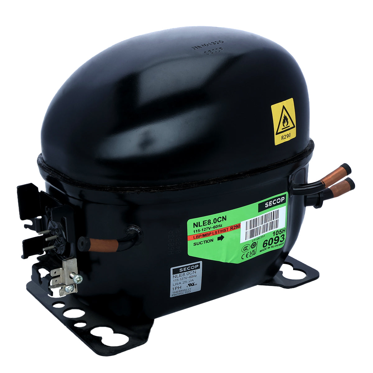 A black, dome-shaped Empura replacement compressor with copper pipes, a green model label, and a yellow warning sticker. The base has mounting holes, and electrical connectors are visible on the left side—ideal for Empura ice machine parts replacement.