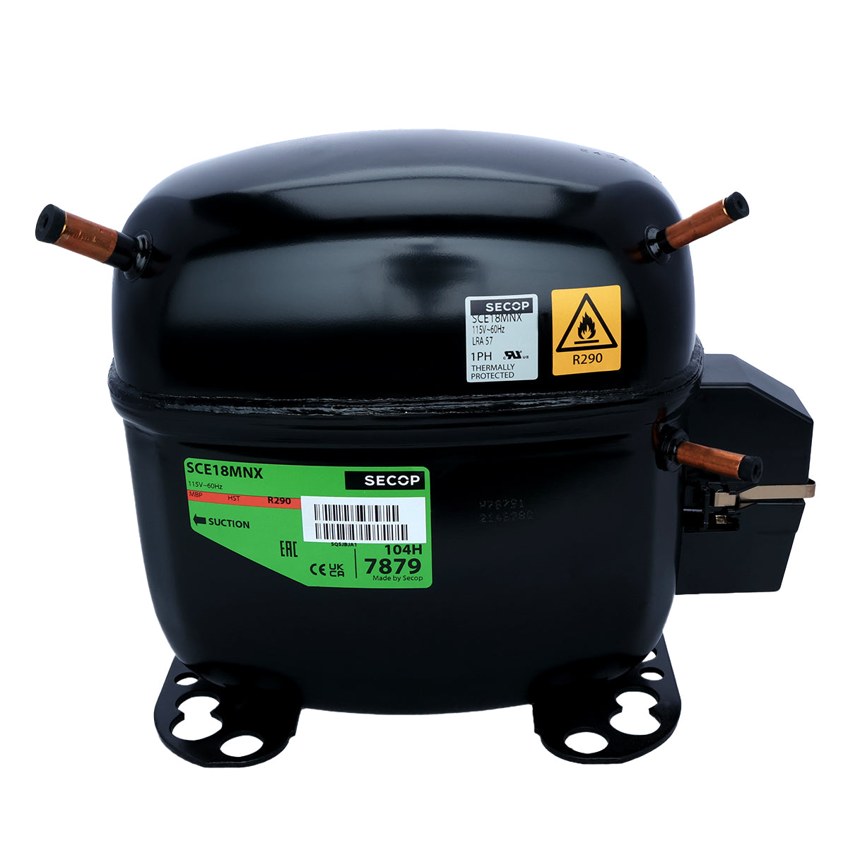 A black Secop refrigeration compressor, compatible with Empura ice machines like the E-MCF500, features copper pipes on each side, a green product label, R290 warning sign, mounting holes at the base, and an electrical component on the right.