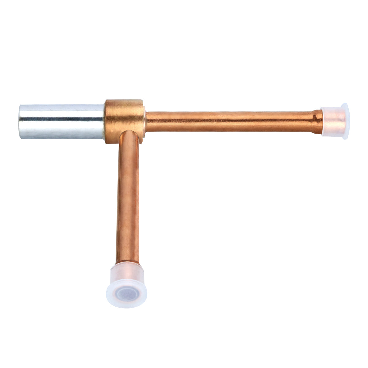 A copper pipe T-joint fitting with three cylindrical outlets, ideal for Empura Ice Machines. The main pipe features a silver metal cap on one end and white plastic caps on the other two. Pipes connect at right angles, forming a T-shape, model E-UCF120, on a white background.