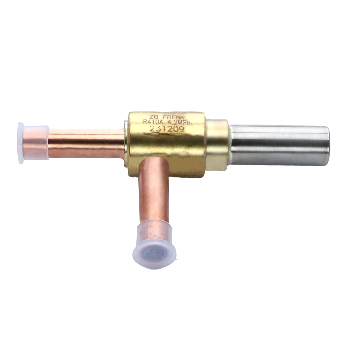 A copper refrigeration check valve, compatible with Empura Ice Machines, features three ports—two horizontal and one vertical—with translucent plastic caps. The central brass body has engraved text and connects to copper and silver-toned tubing.