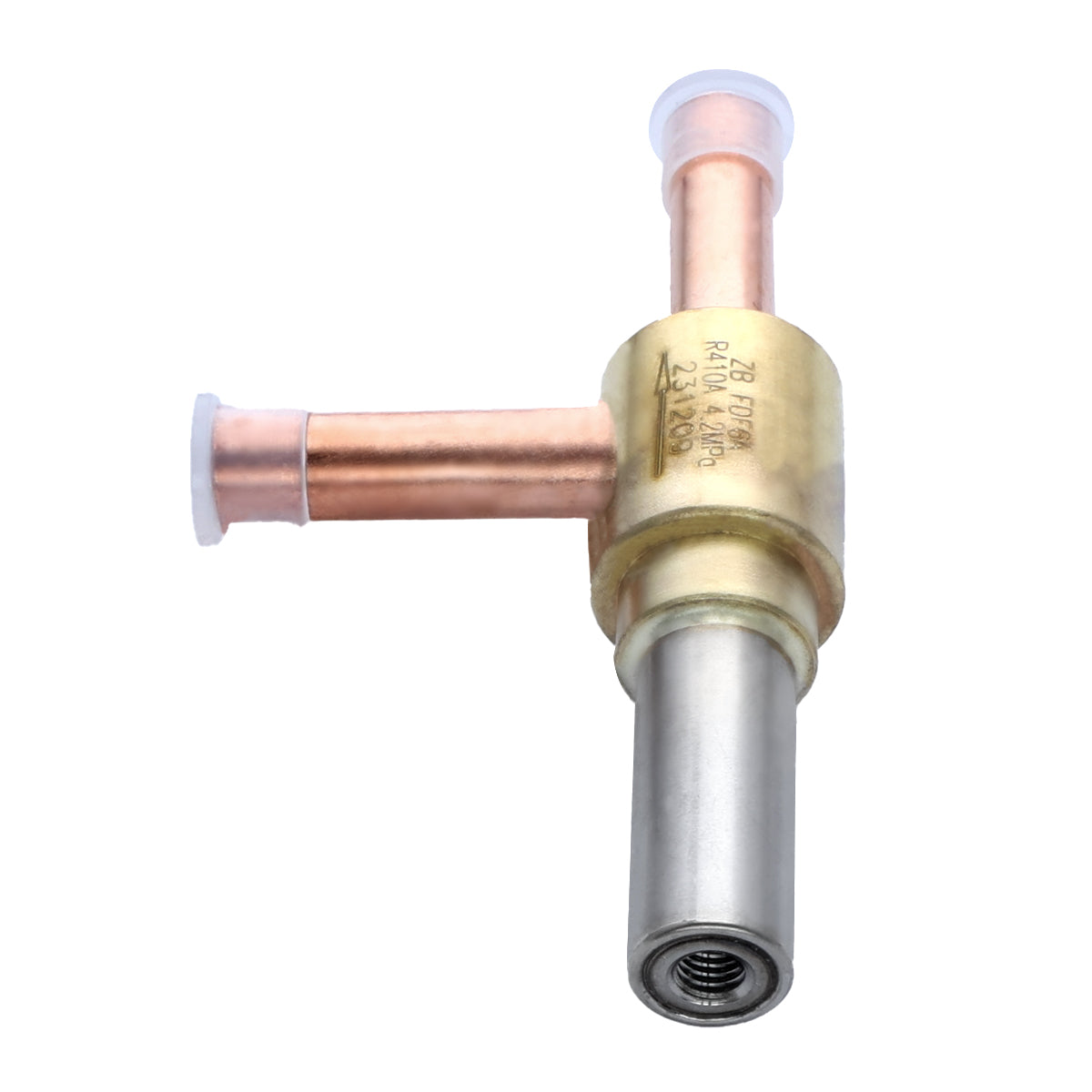 A metallic refrigeration solenoid valve with three copper tubes extending from a cylindrical brass center; two tubes have white plastic caps, and the longer bottom tube is silver metal with a threaded opening—ideal for Empura Ice Machines or as quality Empura Parts.