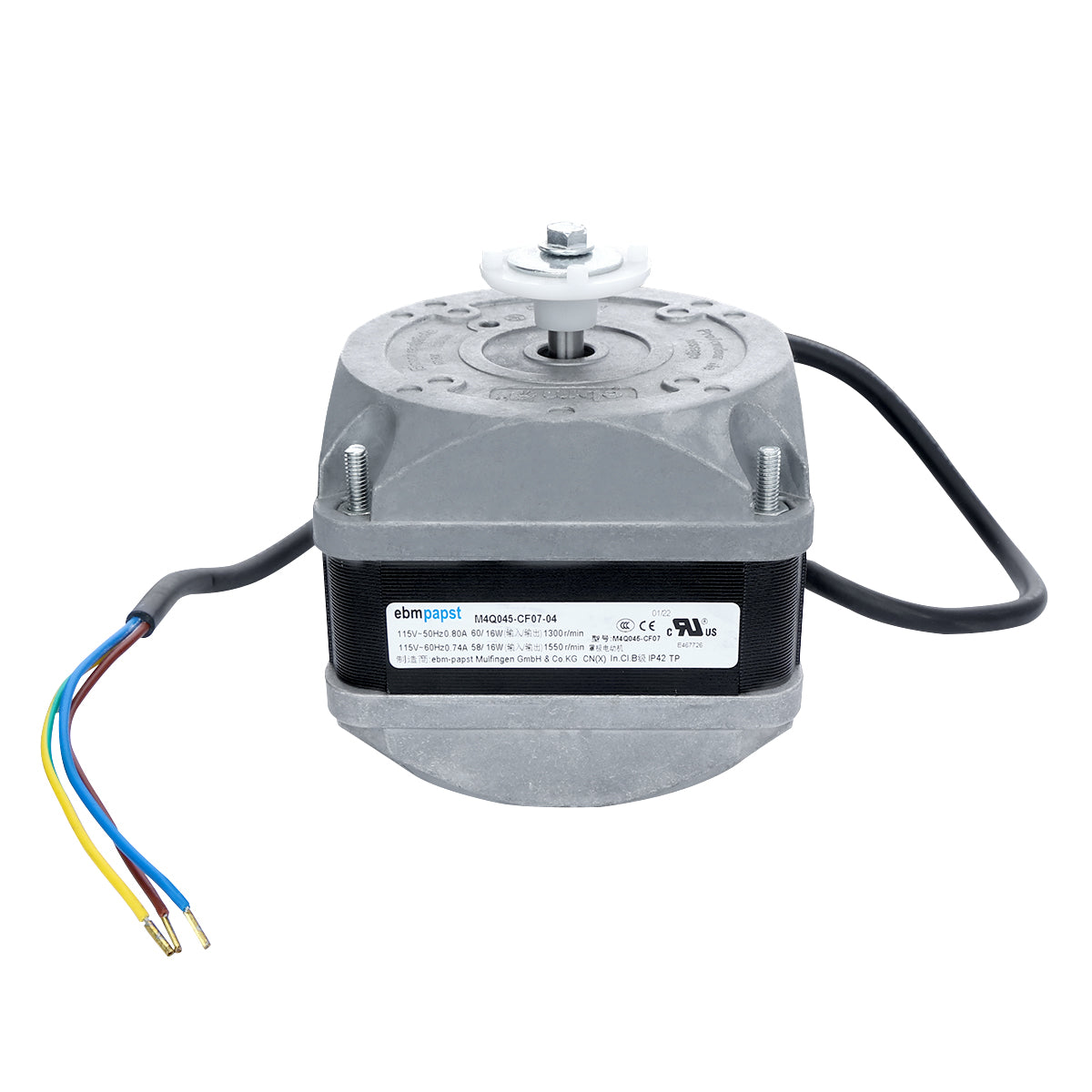 A compact electric motor with a metal housing, a white central shaft on top, and three exposed colored wires (yellow, blue, brown) extending from the side—ideal as a fan replacement for Empura Ice Machines or other Empura Parts. Label with technical details included.