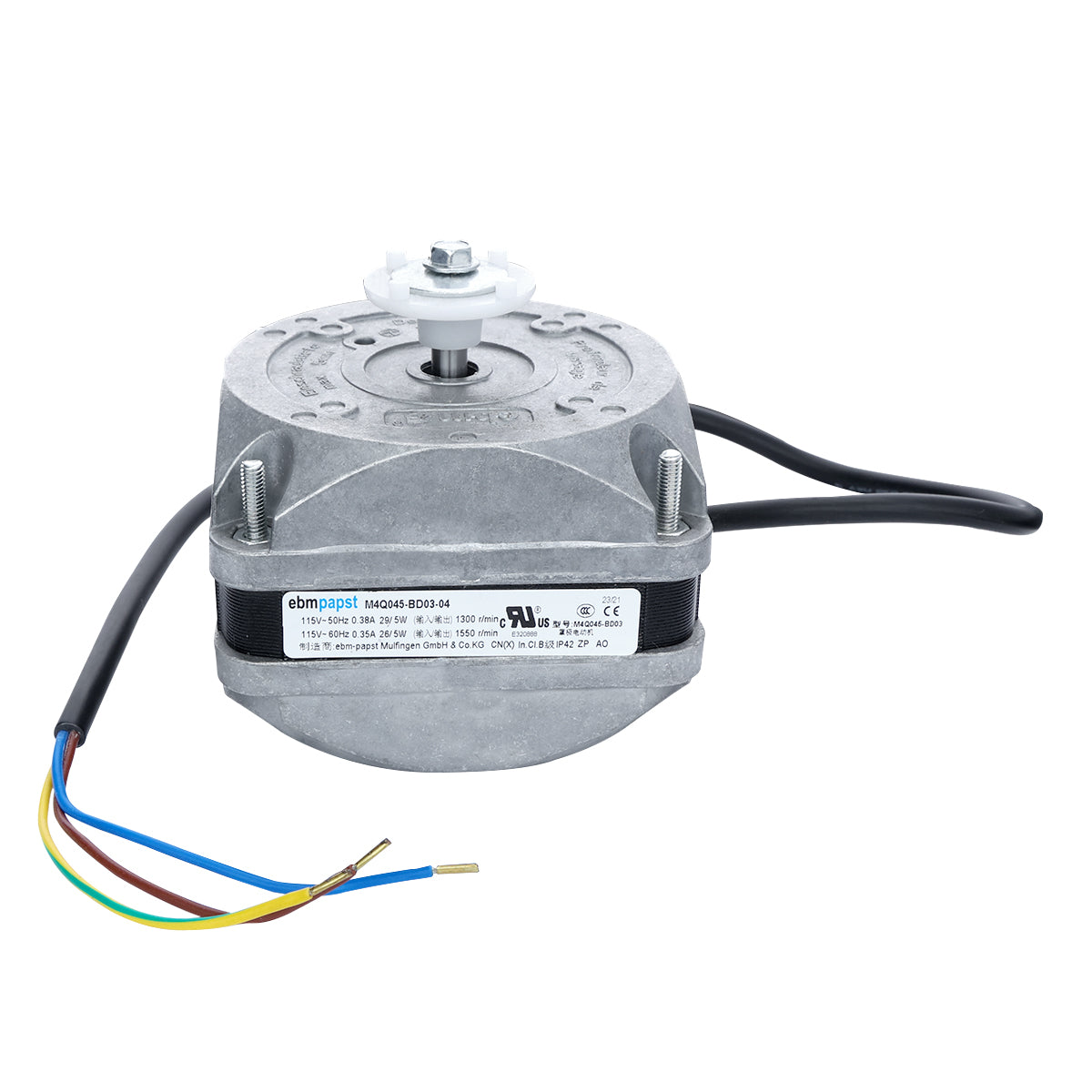 A silver, circular electric motor fan with a label on the front, two mounting bolts, a white plastic shaft on top, and four colored wires for electrical connections—designed as a replacement for Empura Ice Machines and compatible Empura Parts.