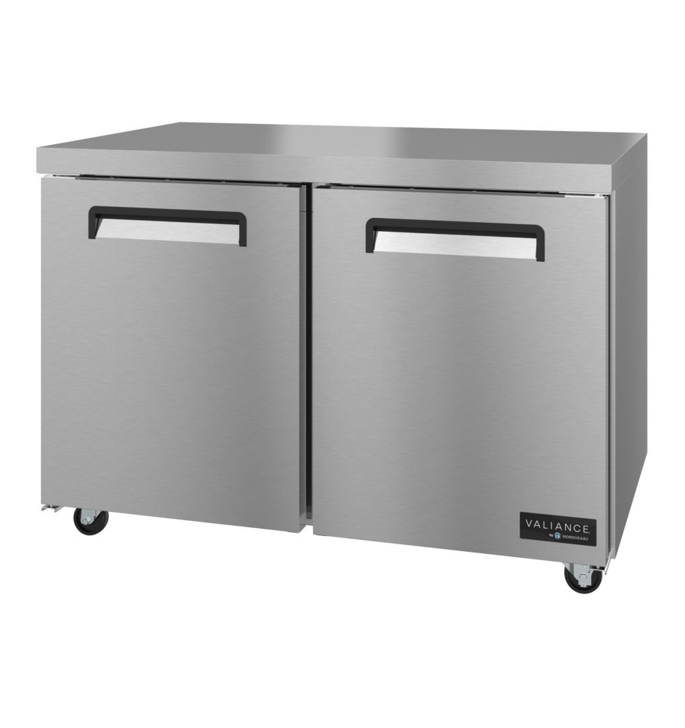 A sleek, modern Hoshizaki VUF48A undercounter freezer with two doors featuring horizontal black handles. The stainless steel unit sits on four caster wheels, displays the Valiance label, and boasts an industrial design perfect for commercial kitchens.