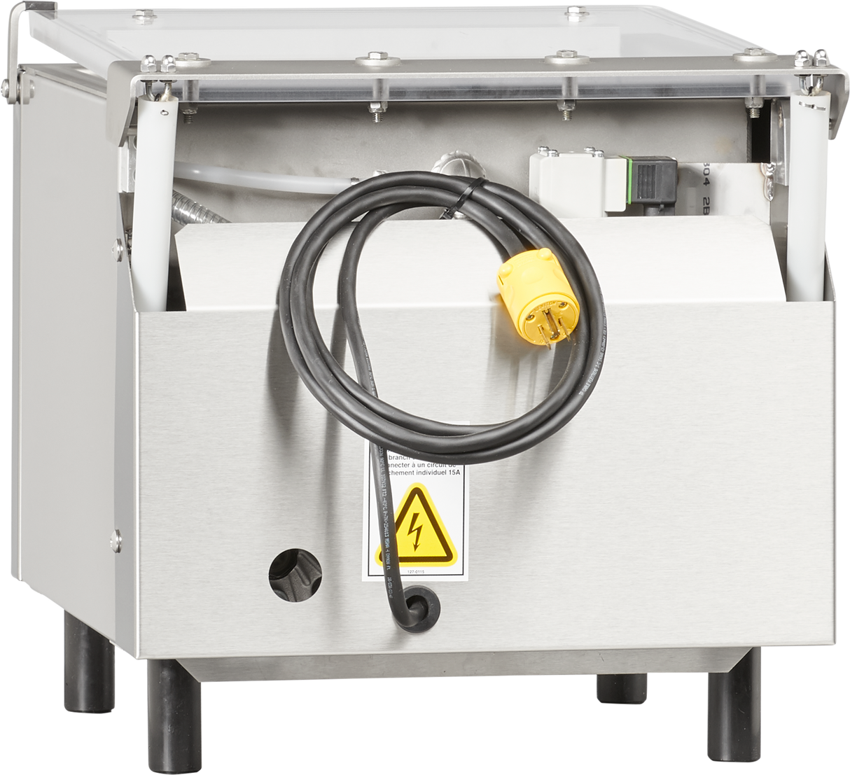A metal electrical appliance with a hinged lid, black legs, a yellow plug attached to a coiled black cable, electrical switches, and a high voltage warning sign on the front panel. This industrial, stainless-steel Berkel 250-STD Vacuum Packaging Machine features a single chamber.