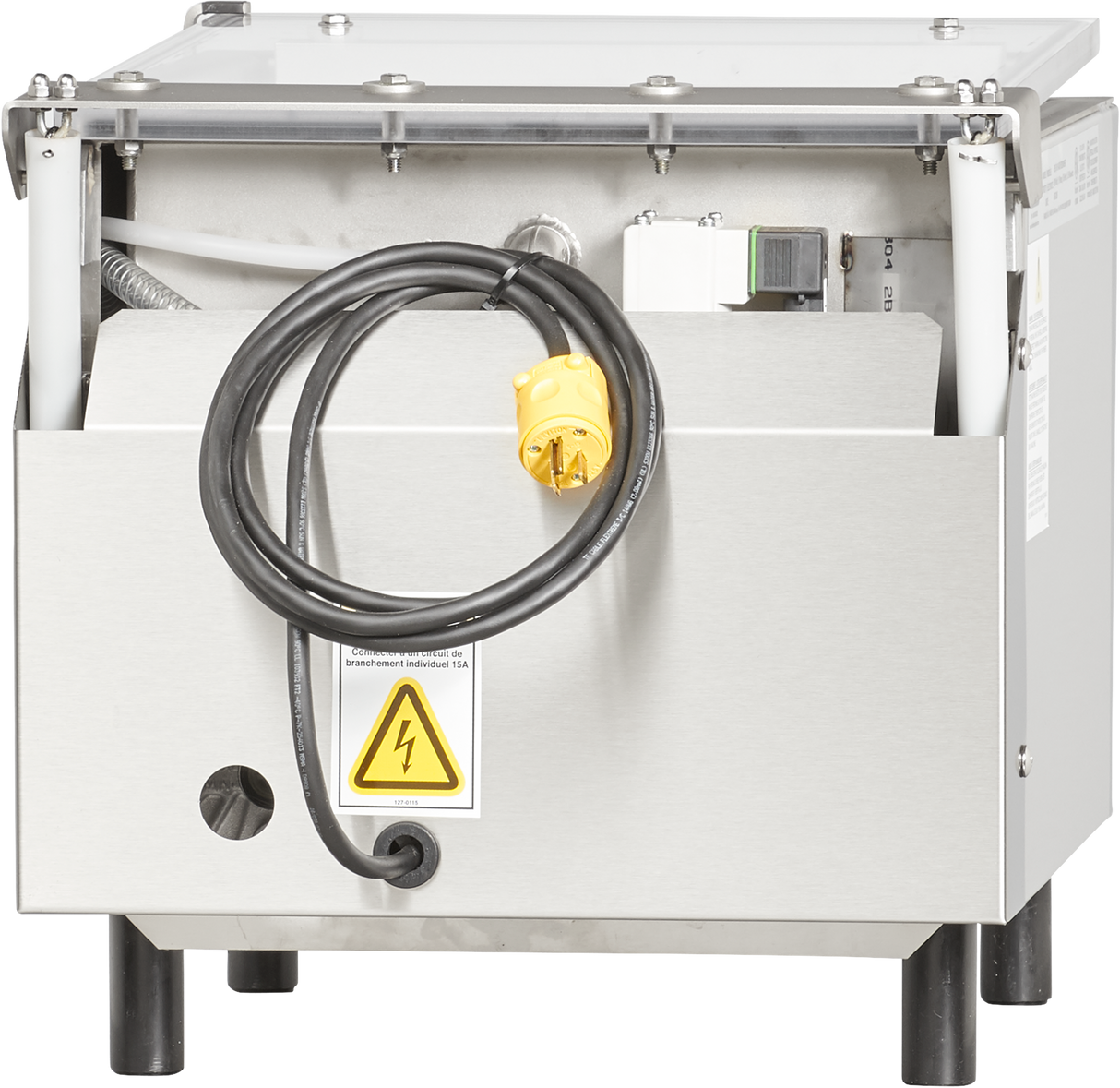 A stainless steel Berkel 250-STD Vacuum Packaging Machine with a yellow electrical warning sign, a thick black power cord coiled around it ending in a large yellow plug, and visible control components on the single chamber’s top and inside the open section.