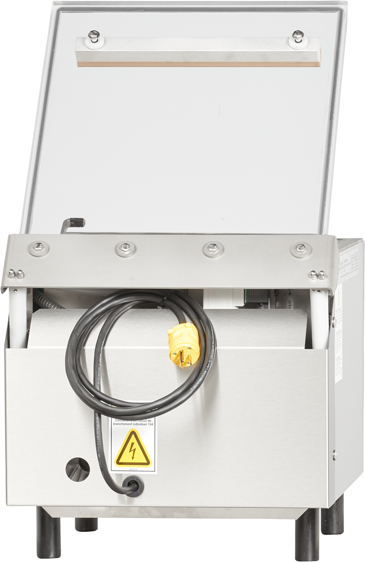 A Berkel 250-STD vacuum packaging machine with a single stainless steel chamber, clear hinged lid, yellow electrical plug, black cord draped in front, warning label with a lightning bolt, and four black legs. Interior visible through the open lid.