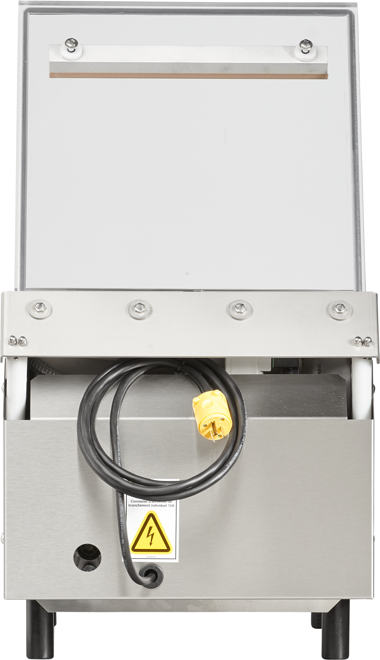 A Berkel 250-STD vacuum packaging machine with a single stainless steel chamber features a front panel, a black power cord with yellow plug, high voltage warning label, visible screws, upper panel, and metallic handle.