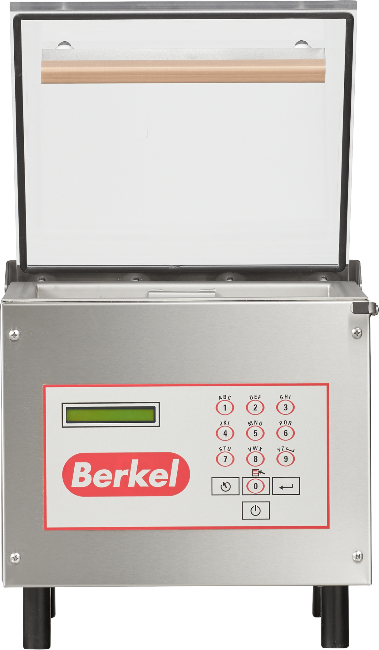 The Berkel 250-STD is a single stainless steel chamber vacuum packaging machine with a sleek, transparent lid. Its control panel features a small display, number pad, and buttons, while the iconic red Berkel logo is displayed on the front.