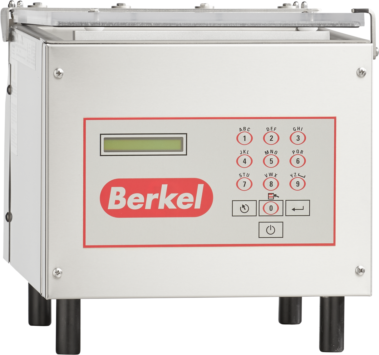 The Berkel 250-STD Single Chamber Vacuum Packaging Machine features a stainless steel build, a control panel with a digital display, numeric keypad with letters, function buttons, and the signature red Berkel logo. It stands on four black legs.