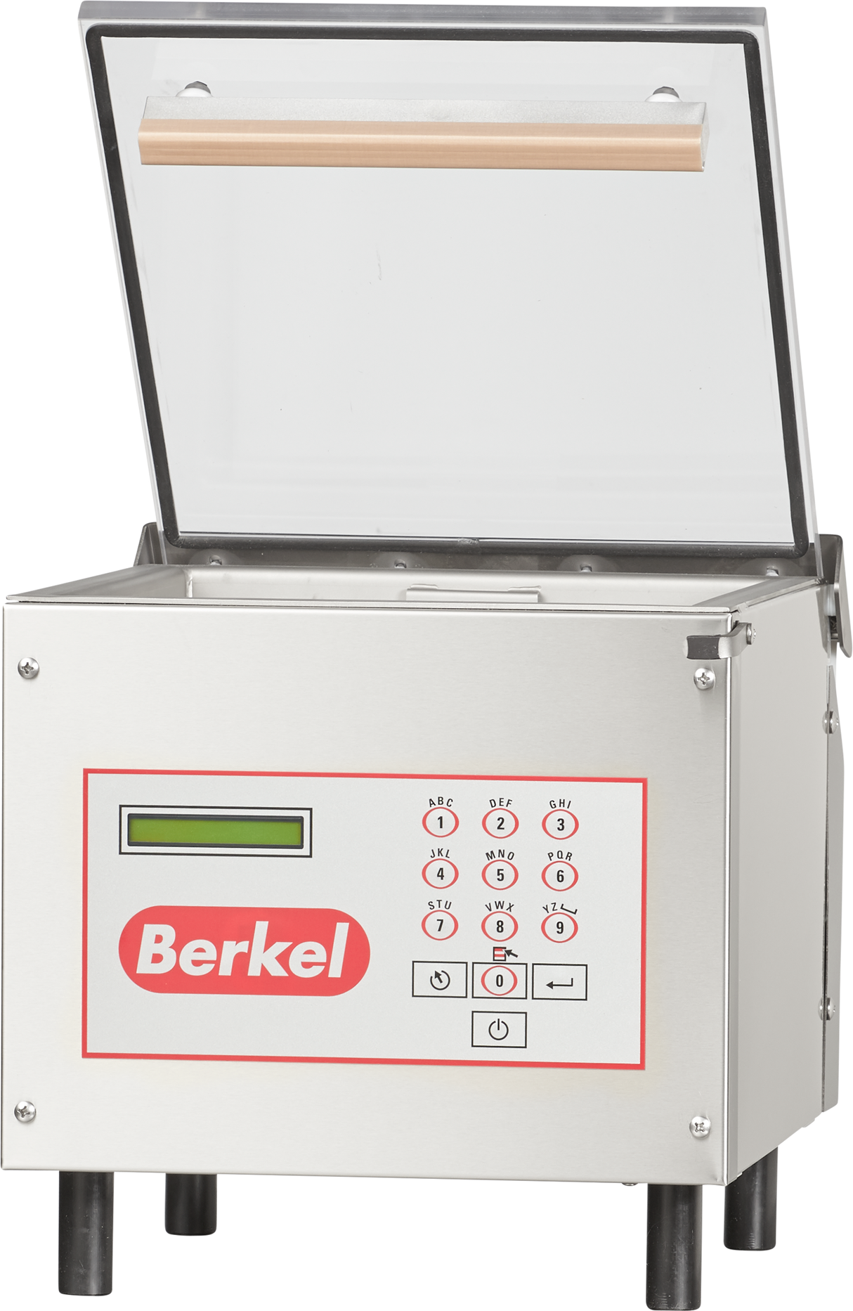 The Berkel 250-STD vacuum packaging machine features a single stainless steel chamber, transparent open lid, digital control panel with keypad, and small display screen. It stands on four black legs with the red Berkel logo prominently displayed.