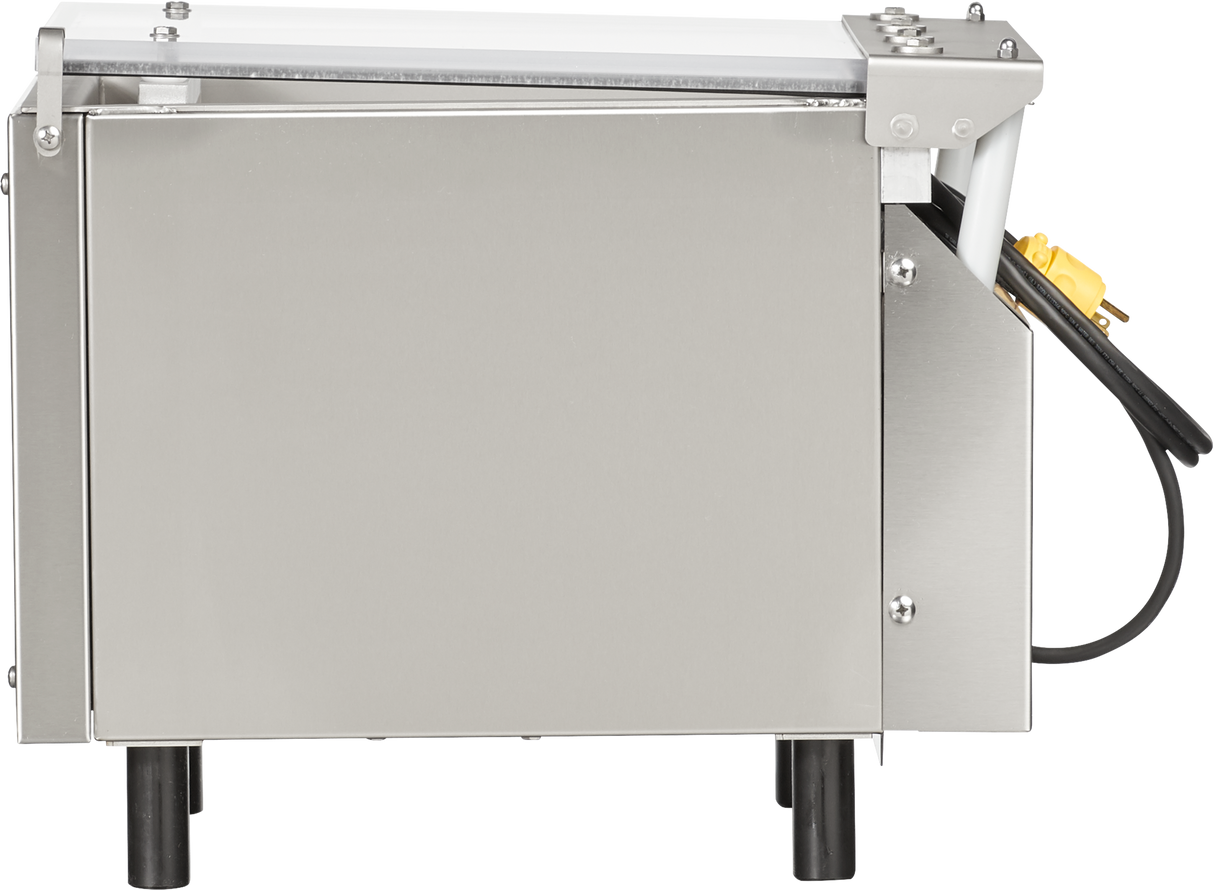 A stainless steel countertop appliance with a boxy shape, black legs, and a yellow-handled electrical cord. The side view reveals smooth metal, screws, and a partially visible lever—ideal for Vacuum Packaging Machine applications like the Berkel 250-STD.