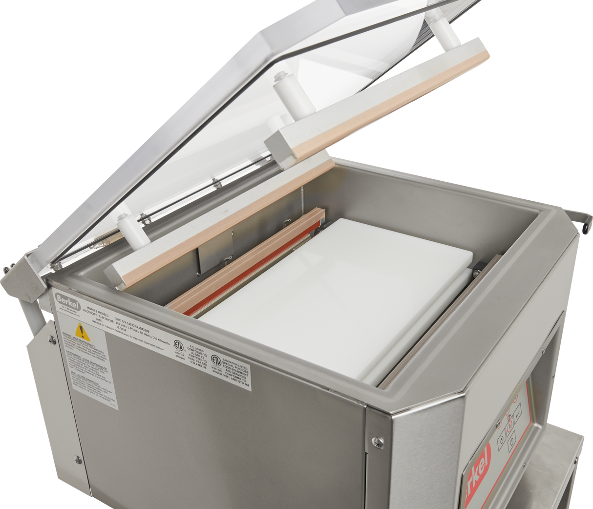 A stainless steel Berkel 350D-STD Single Chamber Vacuum Packaging Machine with its transparent lid open reveals a white sealing platform, a heating bar along the edge, and control labels on the side. The machine is clean and industrial in appearance.