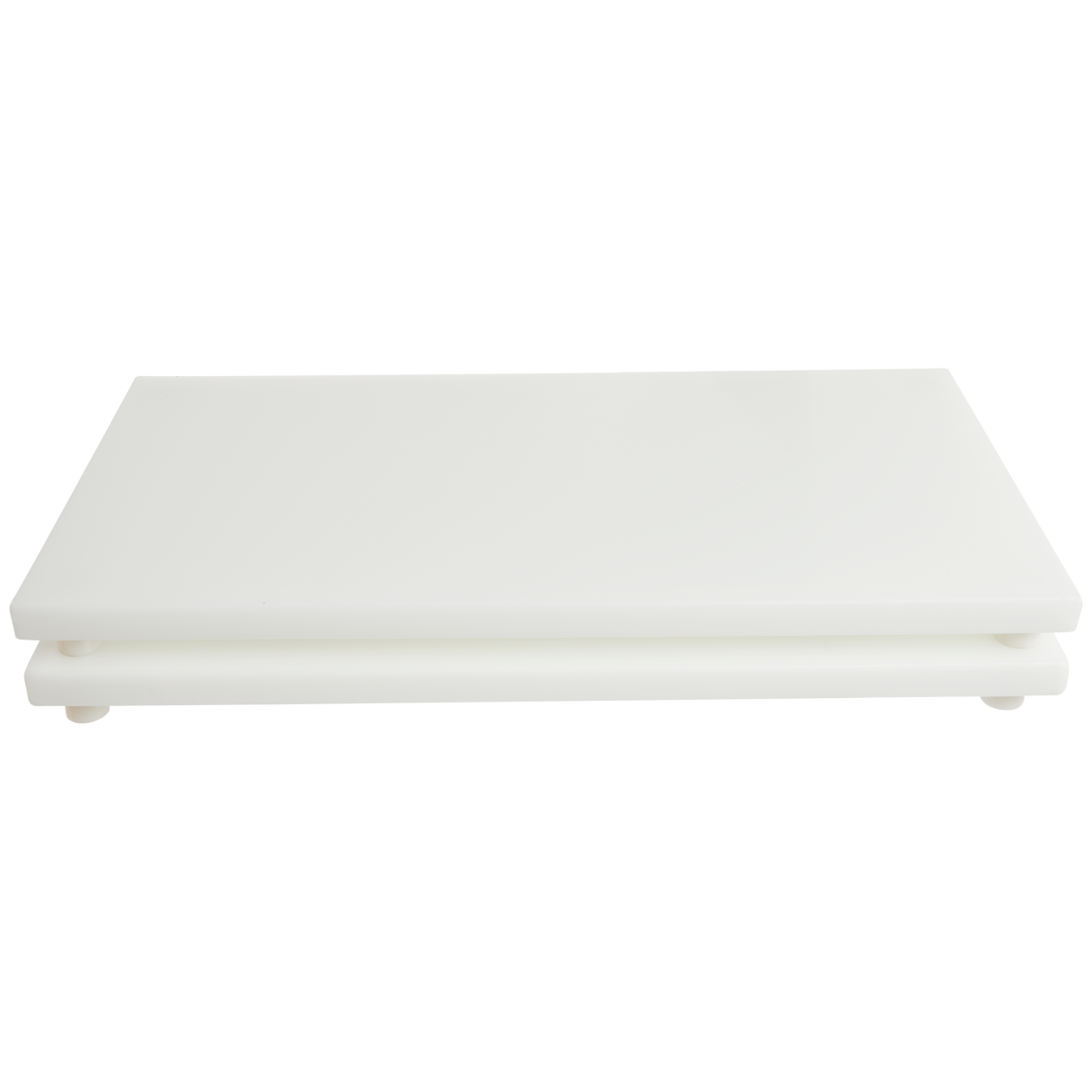 A rectangular white marble cheese board with a matching marble base, both having smooth surfaces and rounded corners, stacked together on a white background—perfect for serving next to your Berkel 350D-STD Vacuum Packaging Machine.