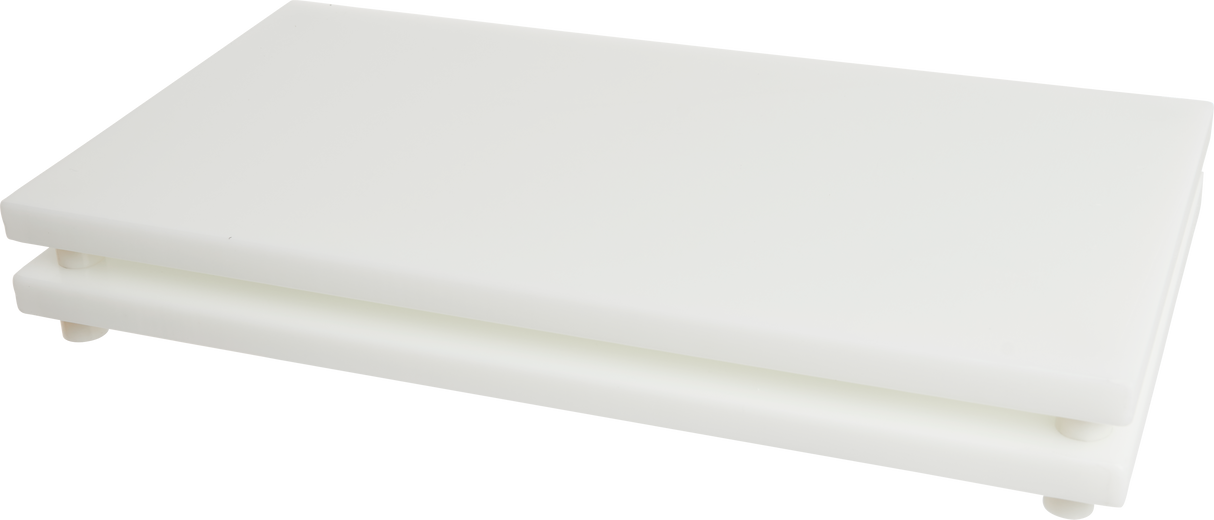 A rectangular, white, two-tiered plastic platform with smooth surfaces and rounded edges, designed to complement your vacuum packaging machine—ideal for single chamber or gas flush setups. The recessed bottom layer adds a modern, minimalist touch.